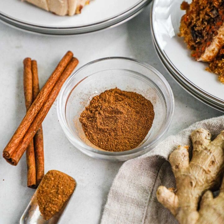 Homemade chai spice mix in a bowl, used for cakes, drinks, and more.