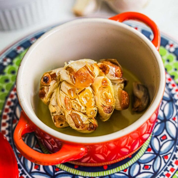 Roasted garlic made in a ramekin or cocotte.
