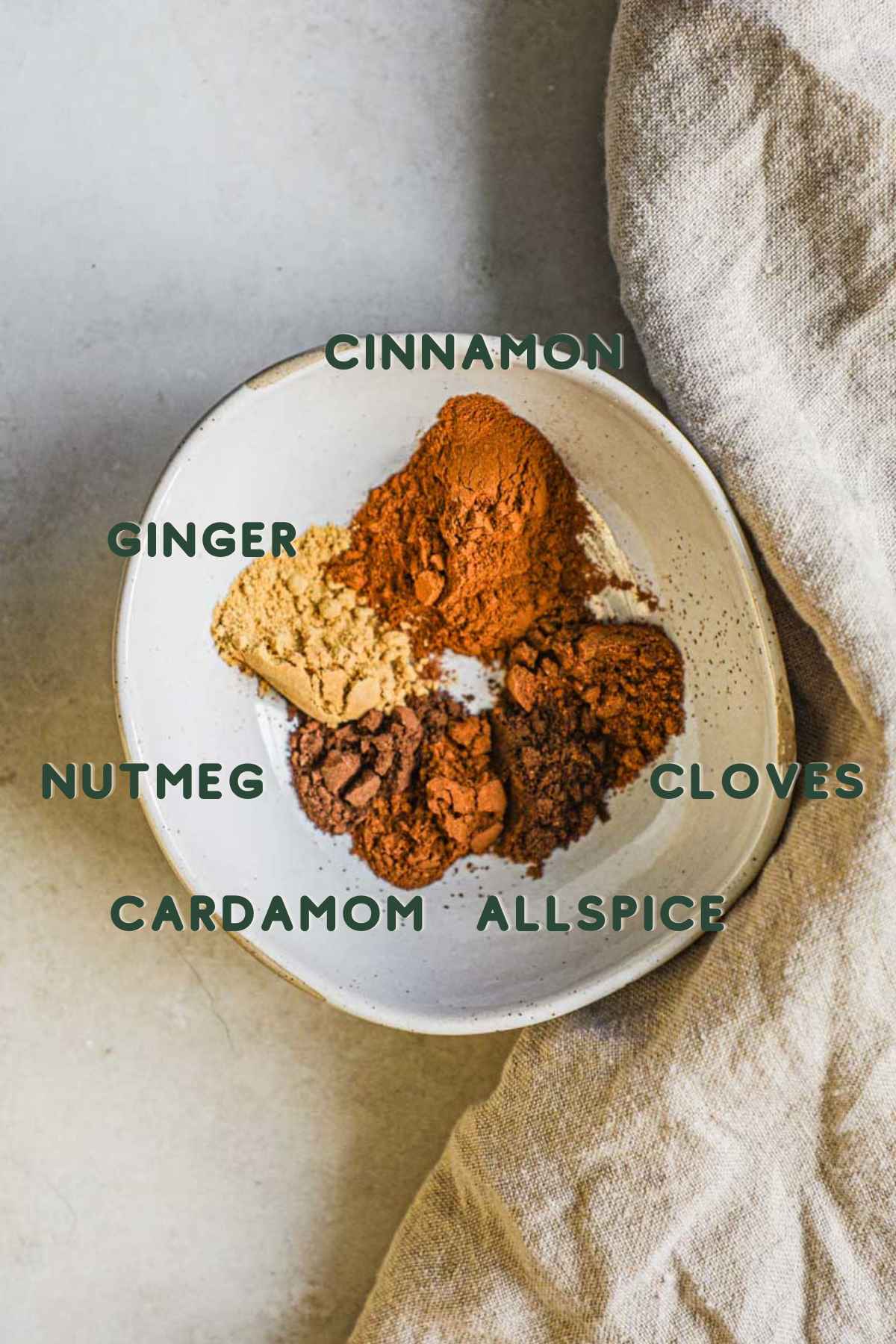Ingredients for chai spice mix, cinnamon, nutmeg, cardamom, allspice, ginger, and cloves.