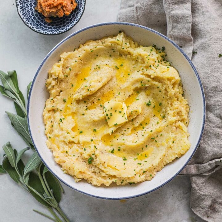 Creamy, fluffy miso mashed potatoes with miso sage butter.