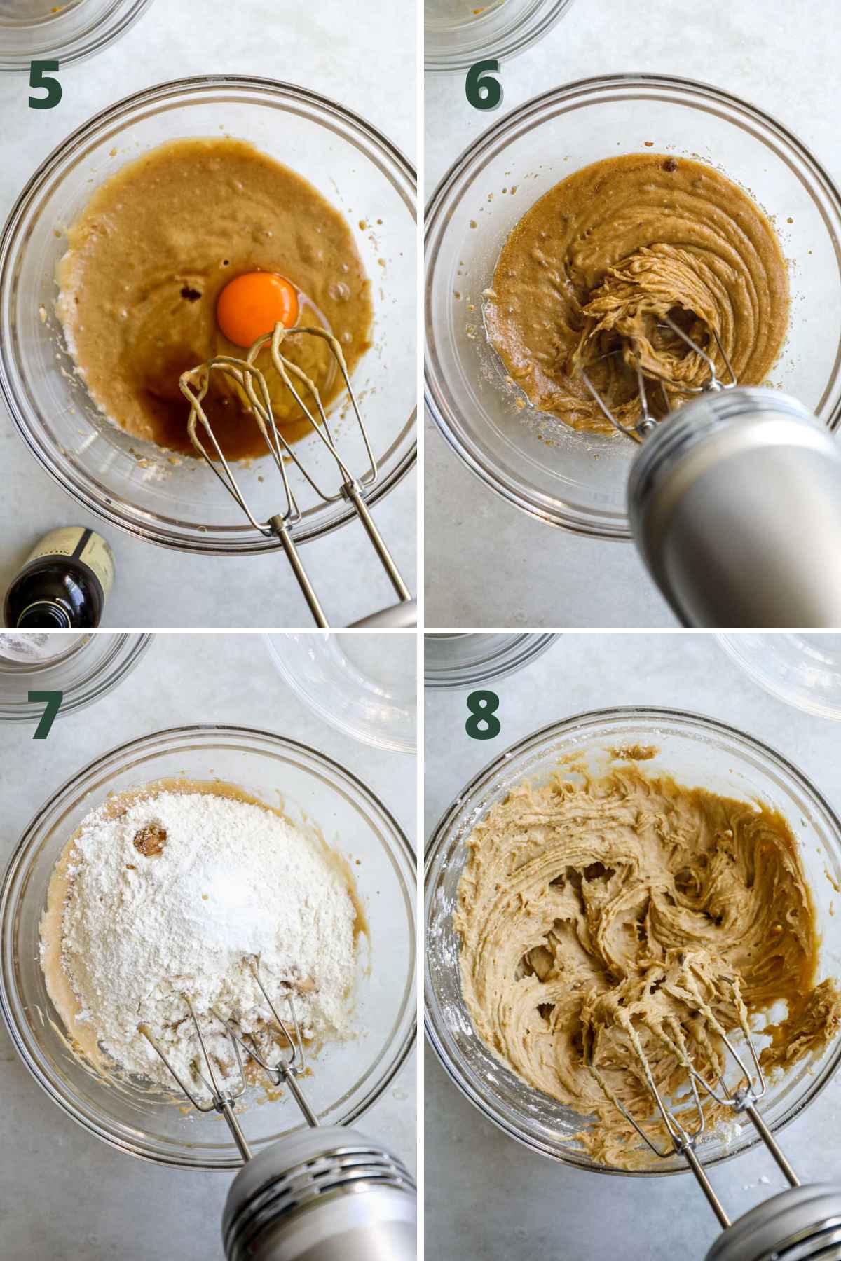 Steps to make butterscotch chocolate chip cookies, including whisking the sugars, browned butter, egg, and vanilla, folding in flour, baking soda and powder, and kosher salt.