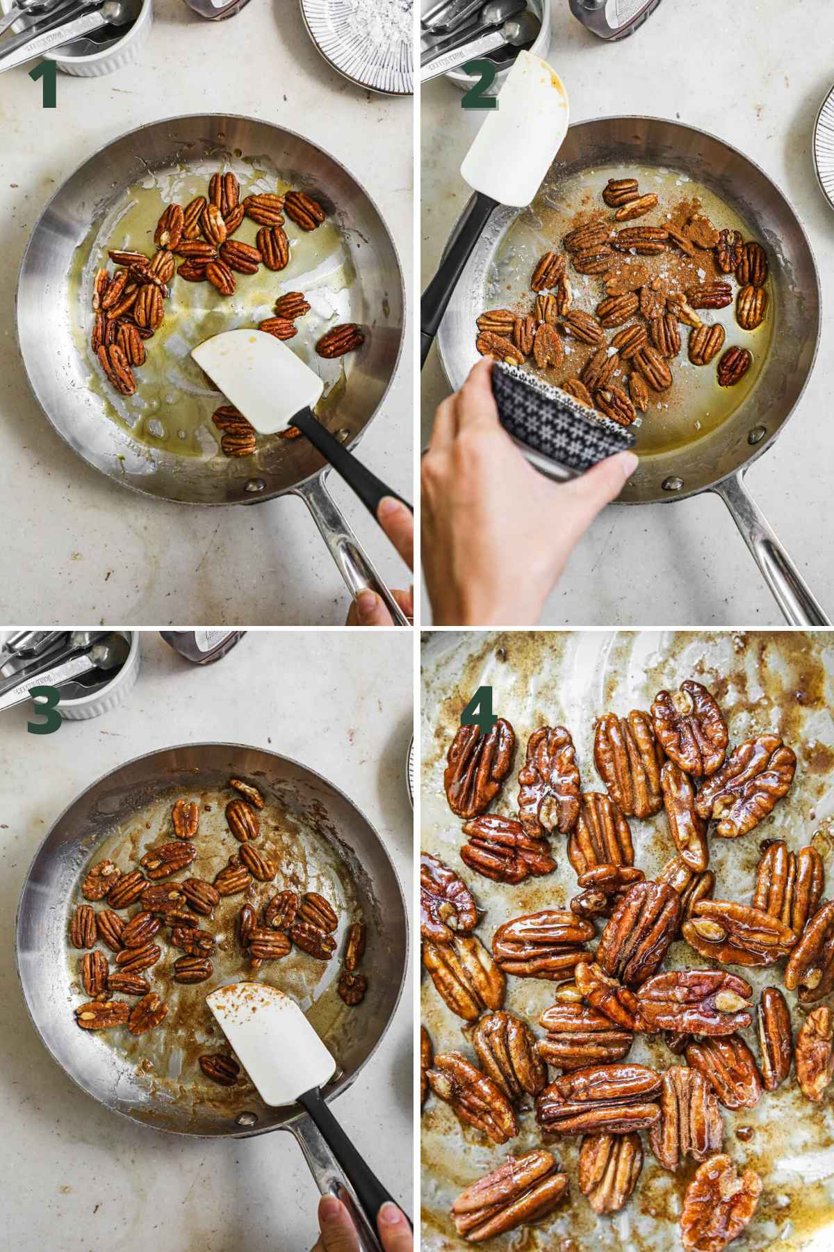 Steps to make candied pecans, toast pecans with maple syrup in a pan, add cinnamon and salt, stir, and allow to cool.