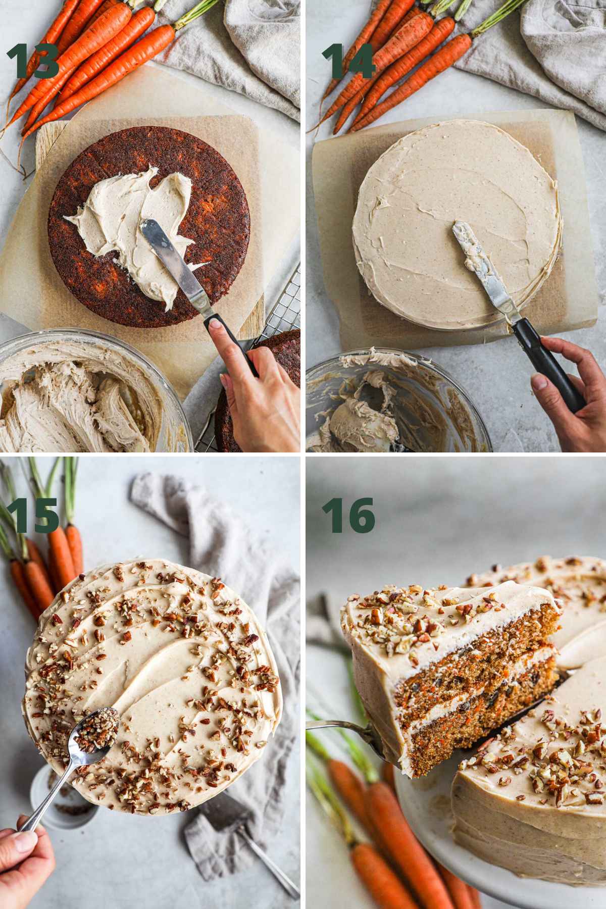 Steps to make carrot cake, spread chai cream cheese frosting on layers, sprinkle with toasted pecans, and serve.