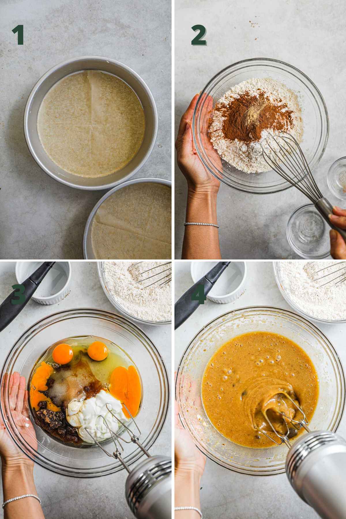 Steps to make carrot cake, line cake pans with parchment paper, whisk flour, spice, and dry ingredients; whisk wet ingredients and sugar, eggs, greek yogurt, oil.
