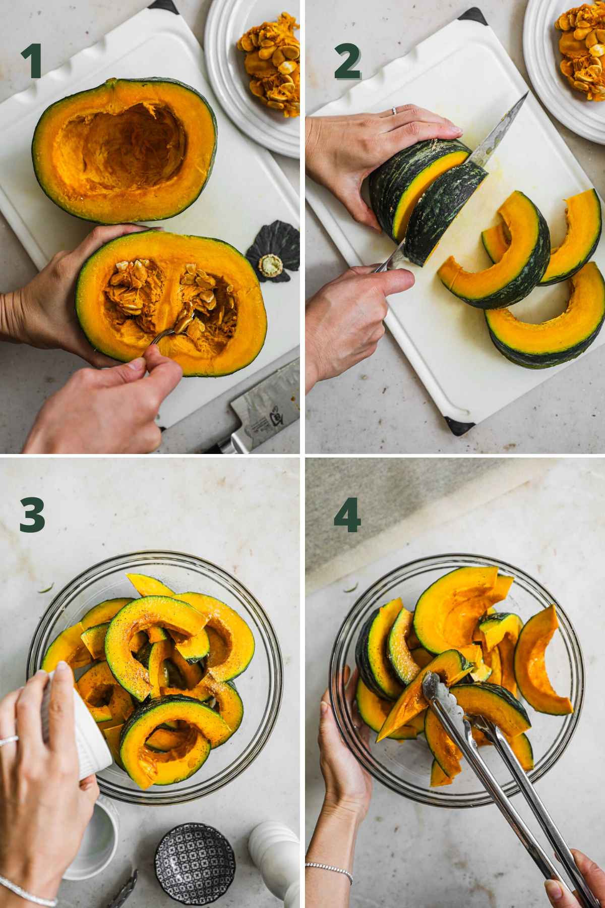 Steps to make maple roasted kabocha squash, gut the japanese pumpkin and slice, toss in maple syrup, olive oil, salt, and pepper.