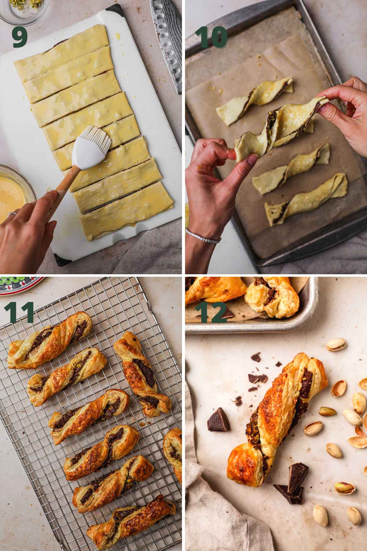 Steps to make chocolate twists, brush puff pastry with egg wash, twist strips, bake, cool, and enjoy.