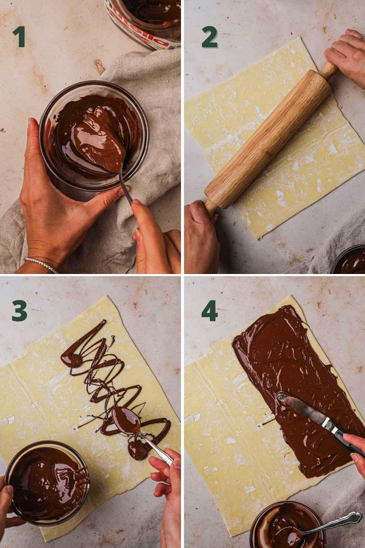 Steps to make chocolate twists, mix melted chocolate and nutella, roll out puff pastry, spread chocolate on half of the puff pastry sheet.