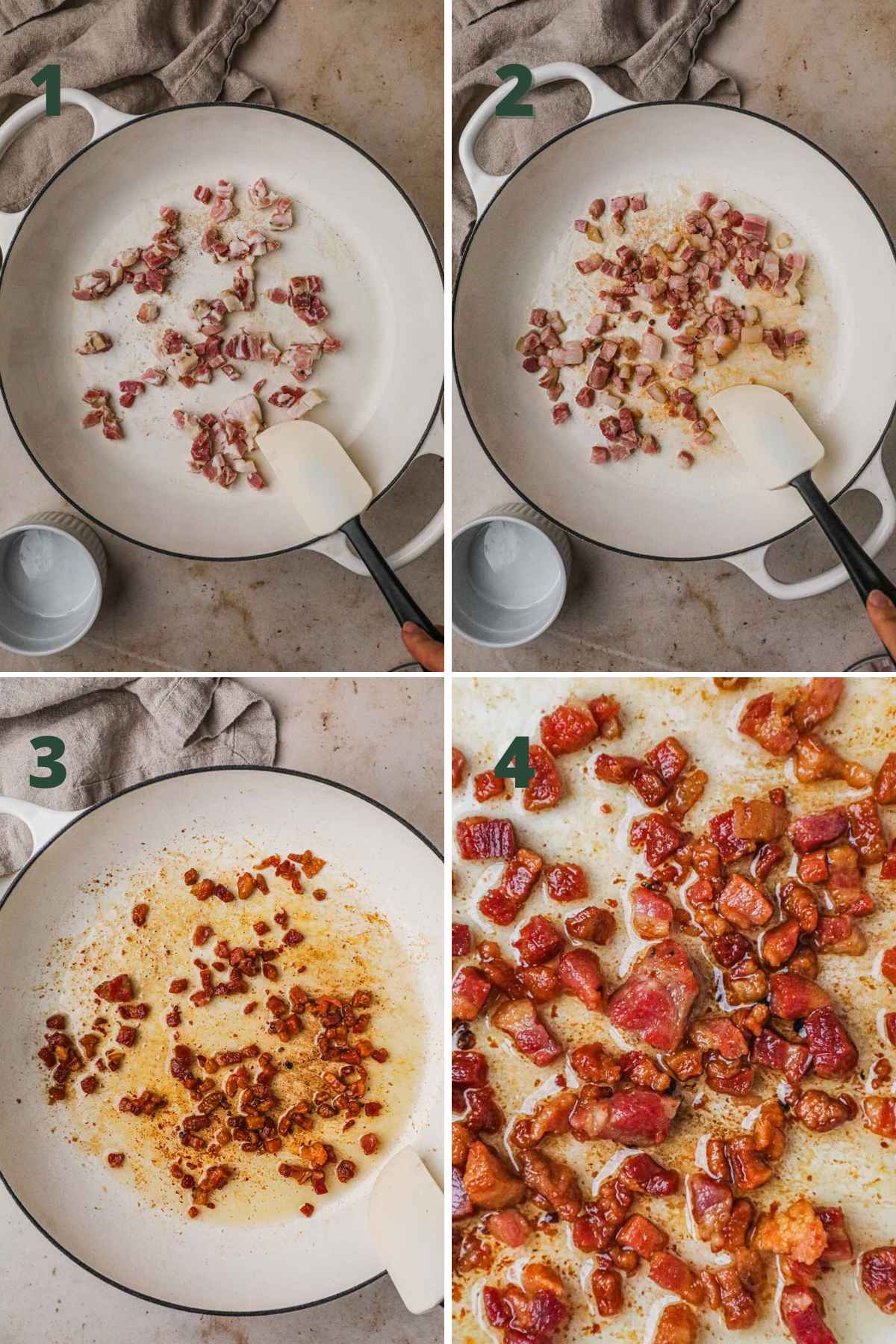 Steps to make crispy pancetta, add raw cubed pancetta to a cold pan and cook on medium until caramelized.