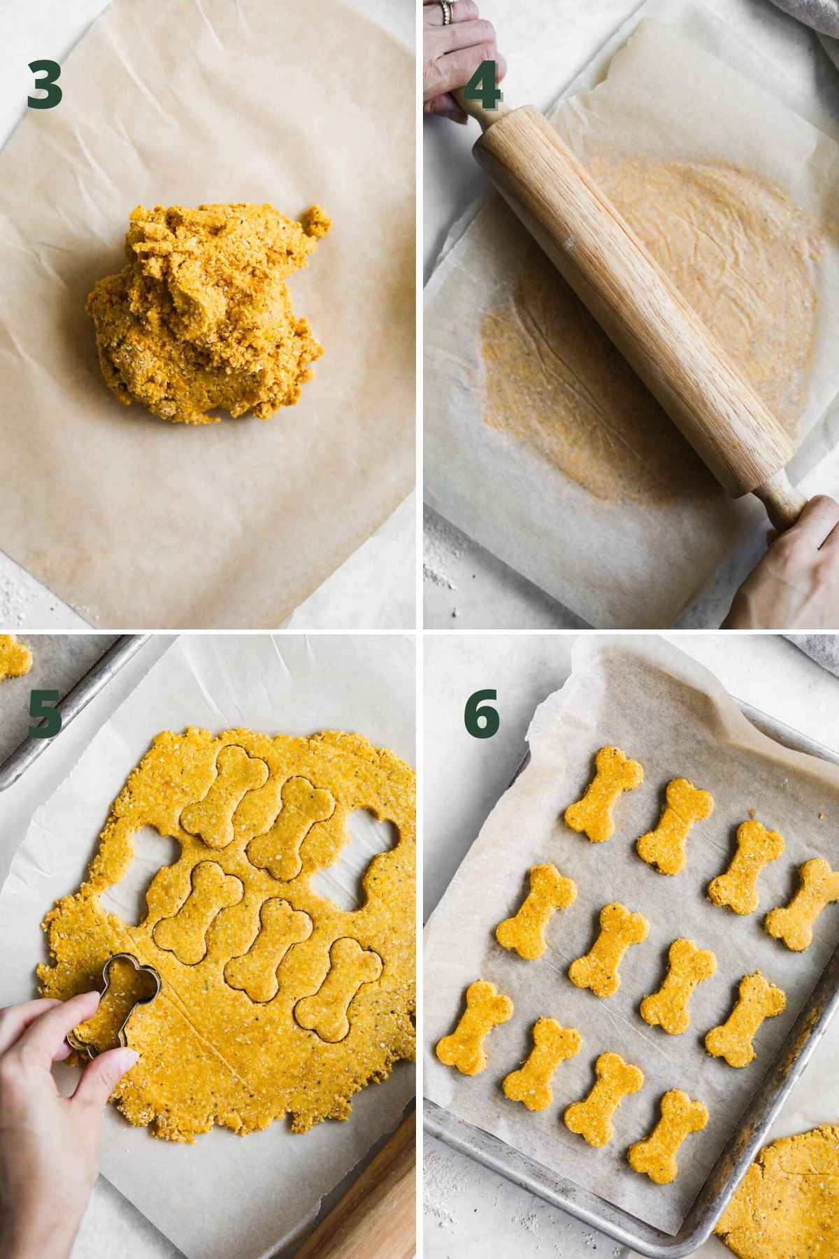 Steps to make homemade dog biscuits; transfer dough to parchment paper, roll out, use bone-shaped cookie cutter to make biscuits, and bake.