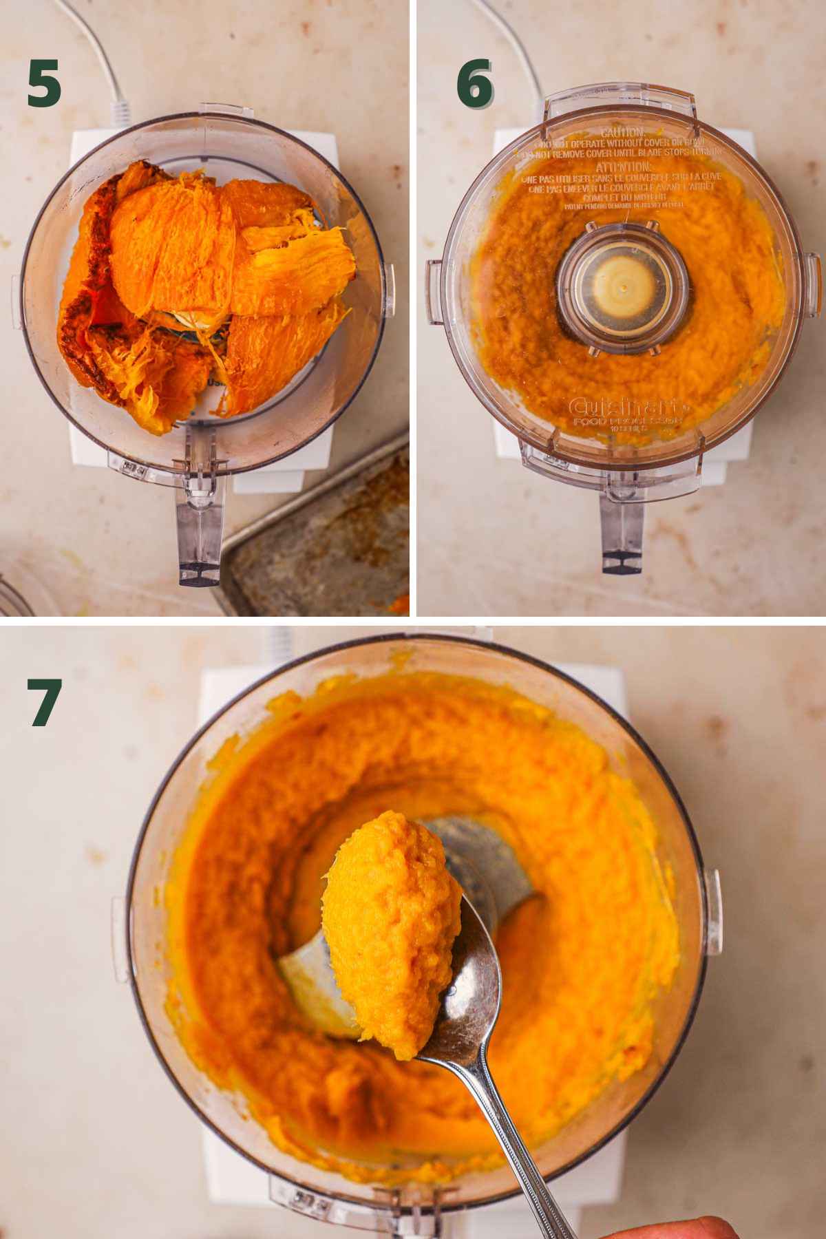 Steps to make homemade pumpkin puree, blend sugar pie pumpkin flesh in a food processor until smooth, then use in recipes.