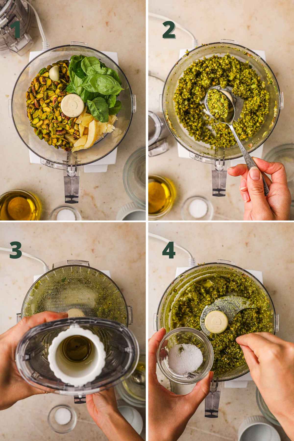 Steps to make pistachio pesto; add pistachios, parmigiano-reggiano, garlic, basil food processor; blend until grainy, stream in olive oil; salt to taste.