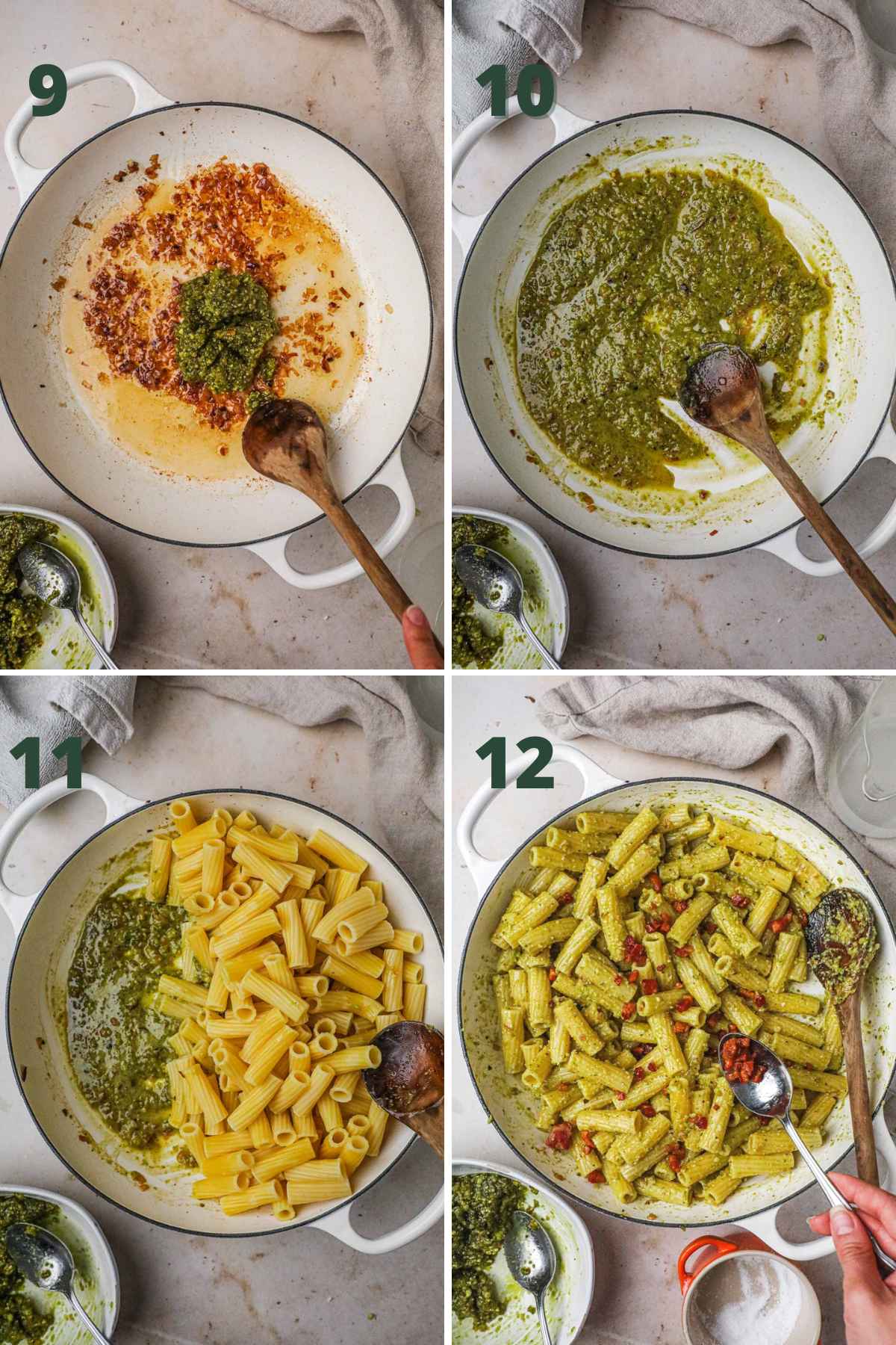 Steps to make pistachio pesto pasta, mix pistachio pesto and pasta water in pan, toss pasta until coated, fold in pancetta.