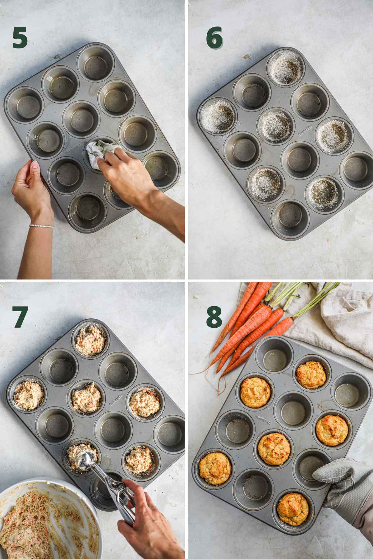 Steps to make dog cakes, grease and flour or line muffin tin, add batter to muffin tin, bake.