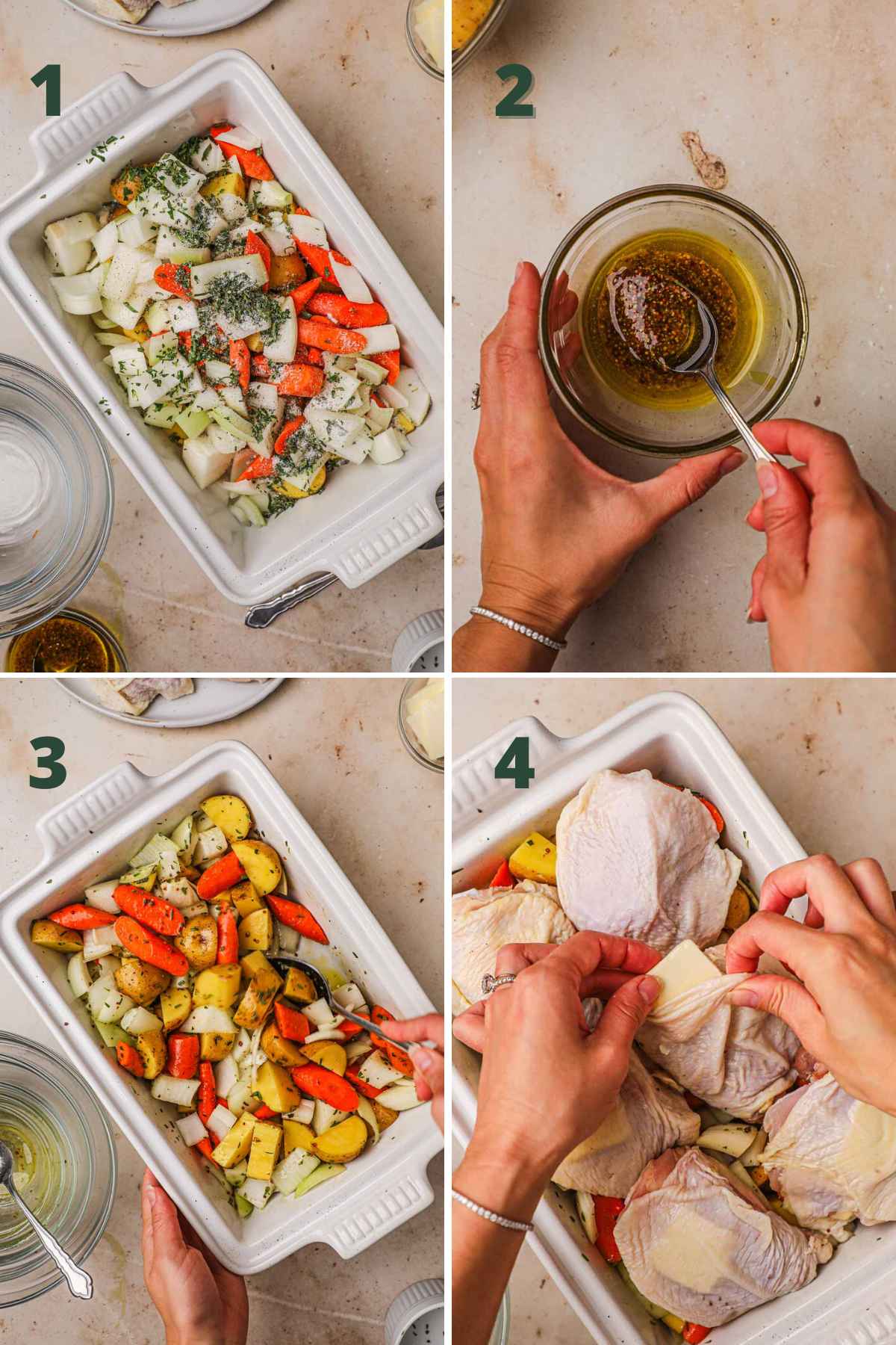 Steps to make roasted chicken; add carrots, onion, potatoes, rosemary; mix mustard, honey, olive oil; drizzle on veggies; add chicken, tuck butter under skin.