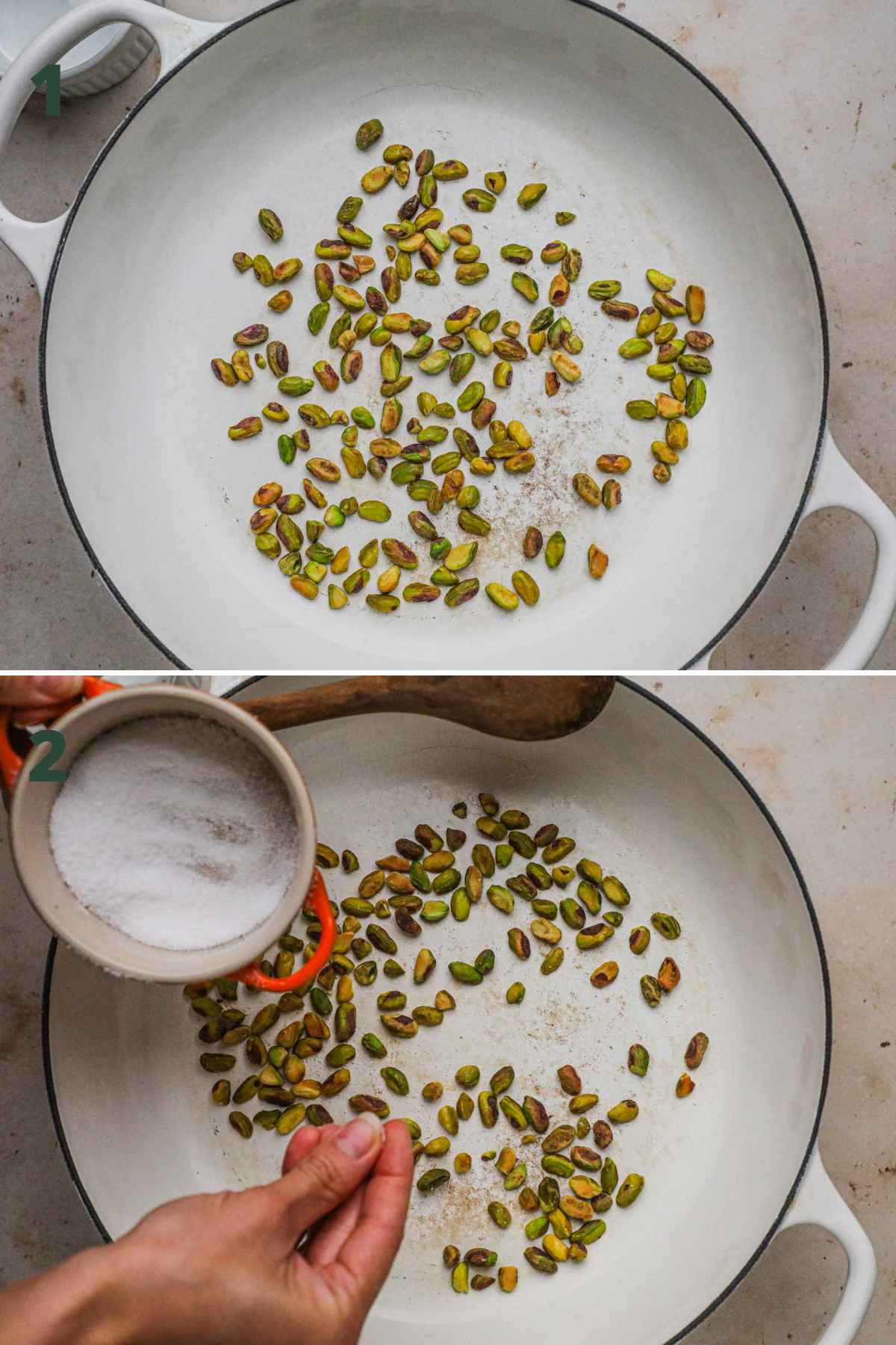 Steps to make roasted pistachios, add pistachios to a pan, cook until toasted, and season with salt.