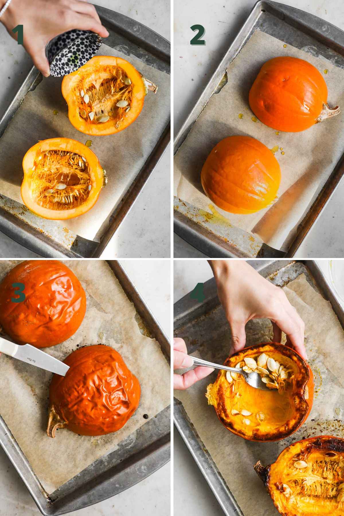 Steps to roast a whole sugar pie pumpkin, cut pumpkin in half, brush with olive oil and season, roast, remove seeds.