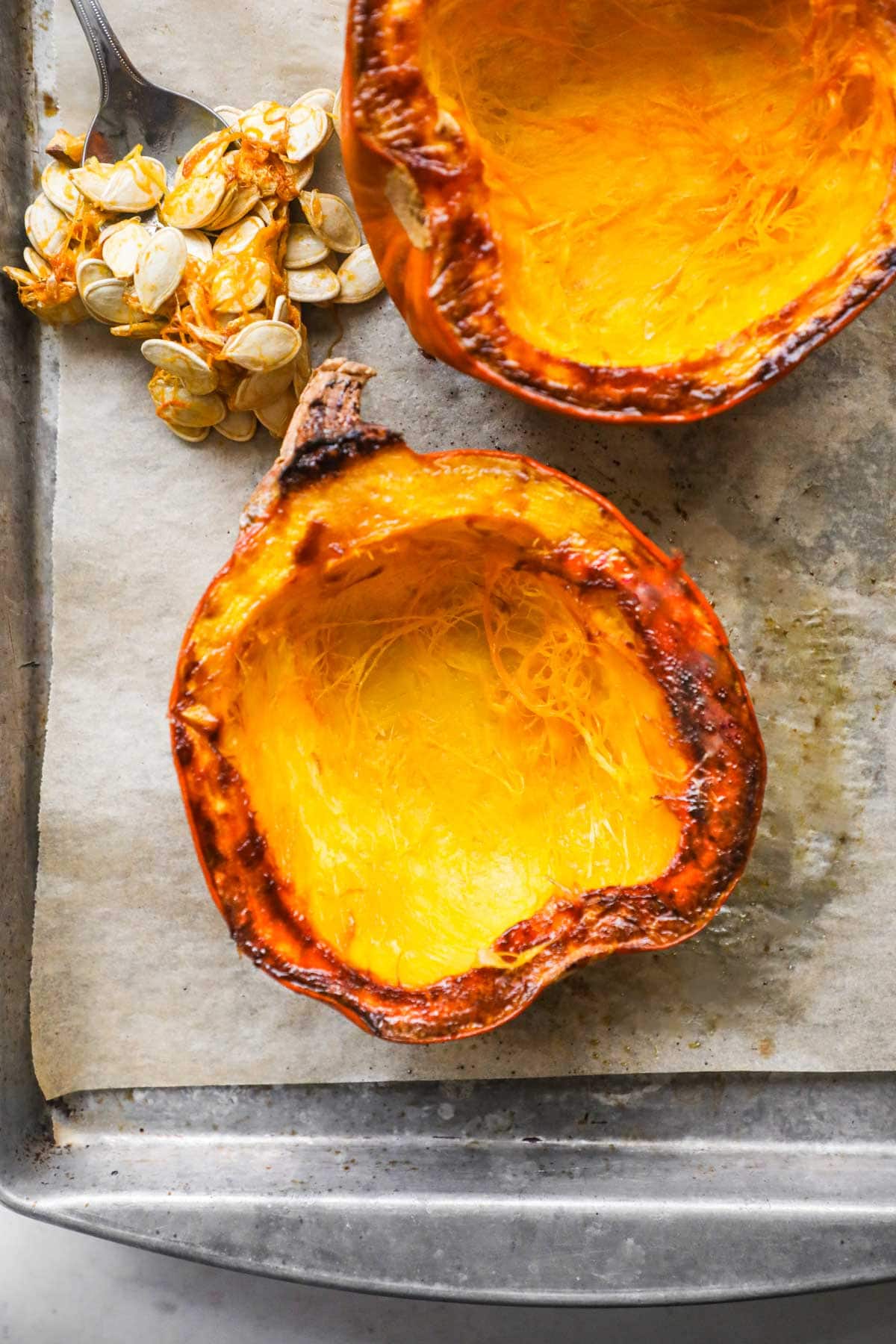 Whole roasted sugar pie pumpkin without seeds.