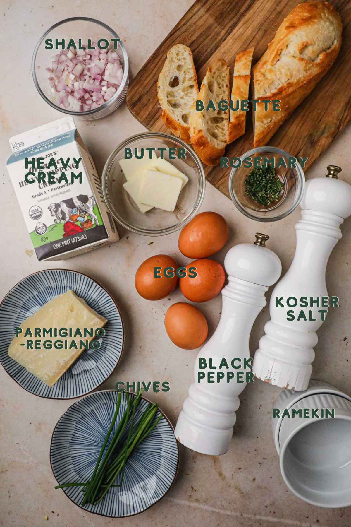 Ingredients to make shirred eggs, shallot, heavy cream, butter, rosemary, eggs, parmigiano-reggiano, eggs, salt, pepper, chives, ramekins.