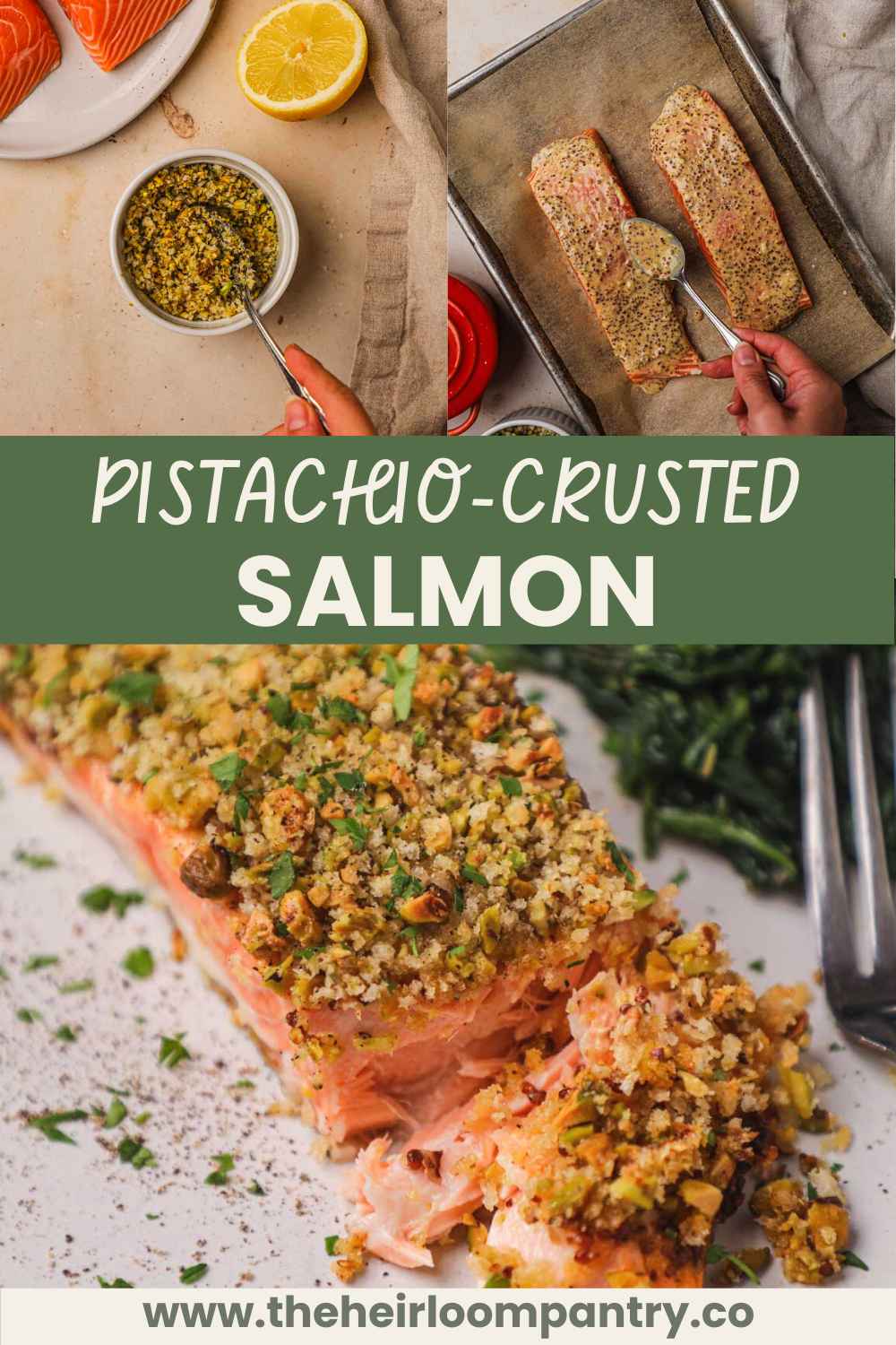 Panko and pistachio-crusted salmon filets with dijonnaise Pinterest pin.