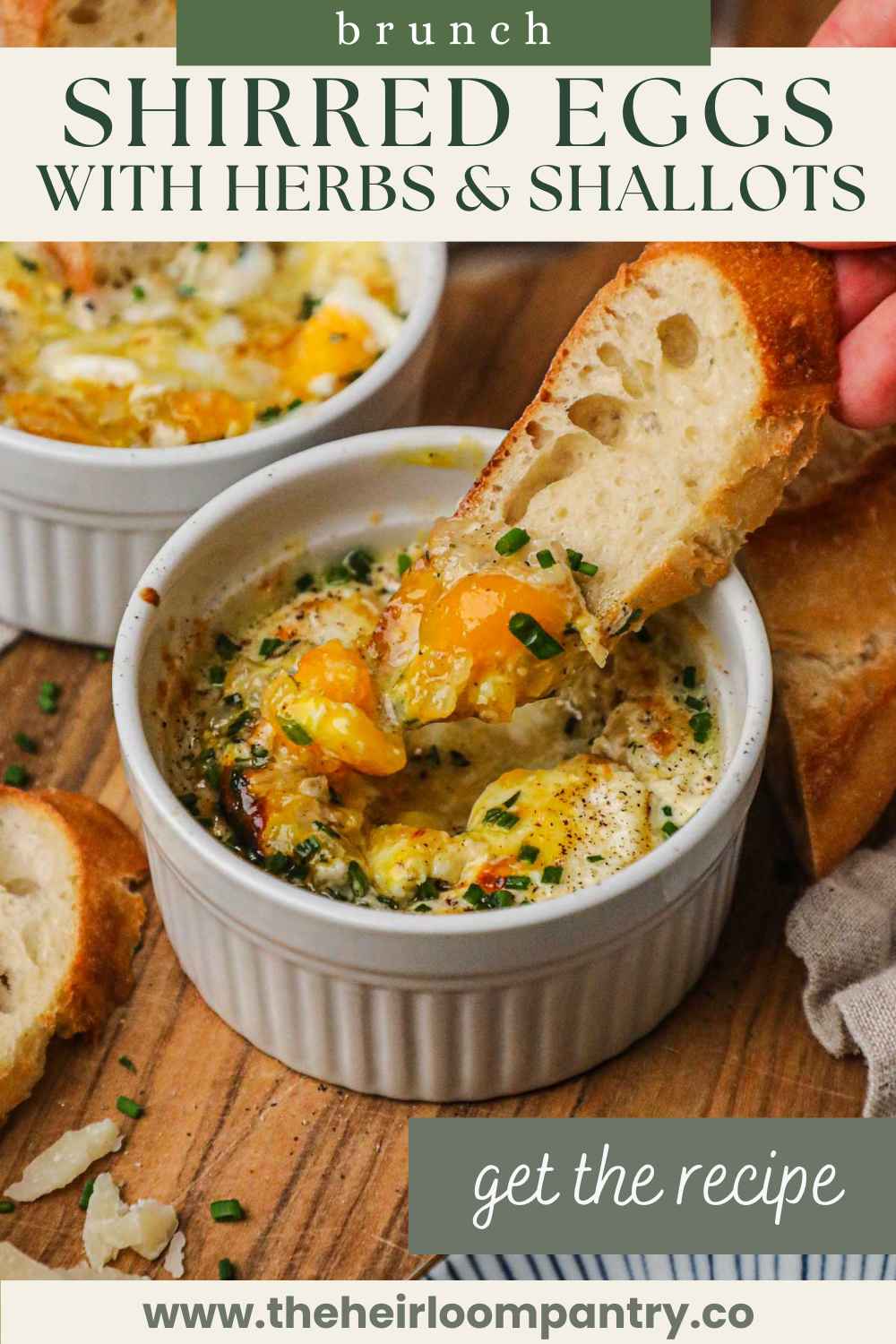 Shirred eggs with herbs and shallots Pinterest pin.