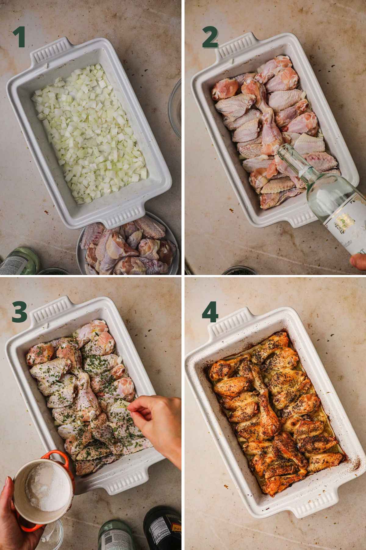 Steps to make Italian rosemary chicken wings, layer onion and wings; drizzle olive oil and wine; top with rosemary, salt, black pepper; bake until golden.
