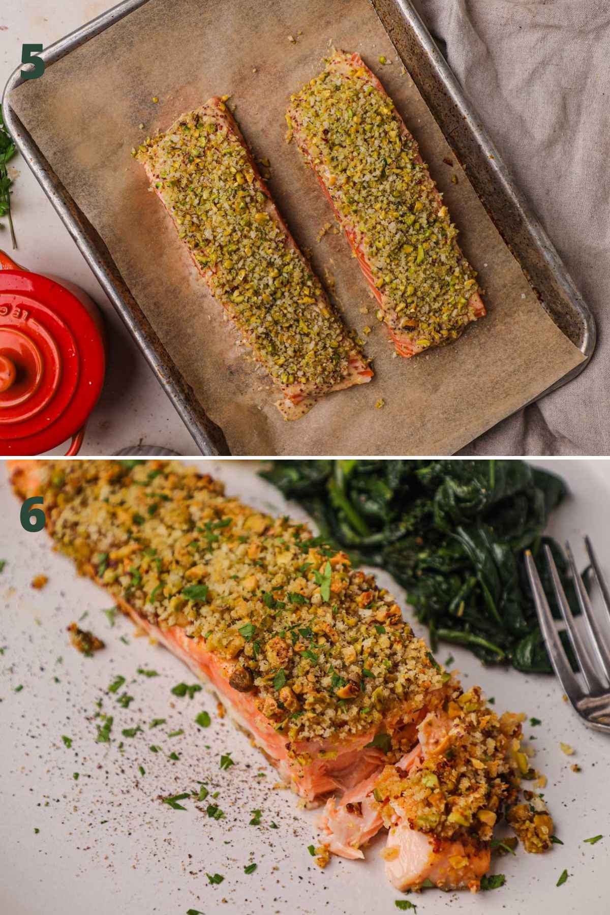 Steps to make pistachio-crusted panko salmon; gently press panko-pistachio mixture onto salmon filets; bake until golden; serve with vegetables.