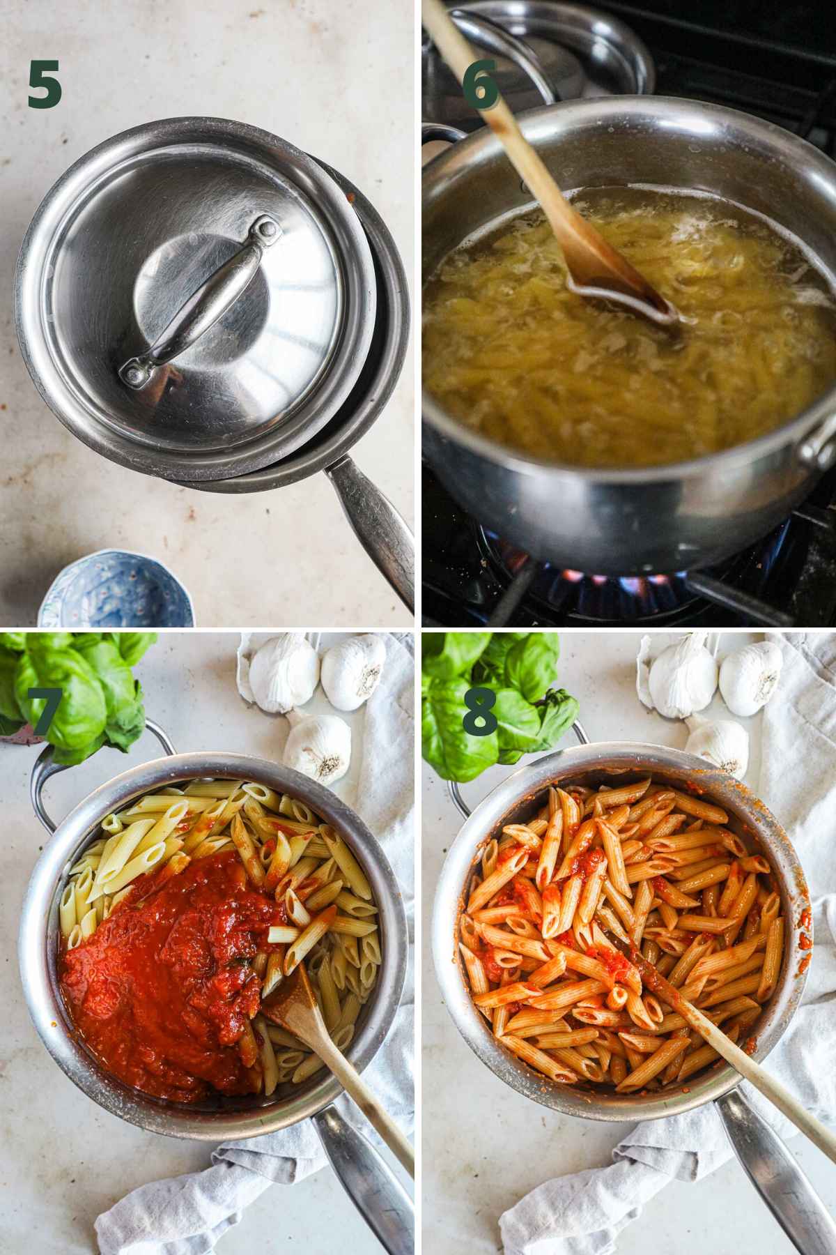 Steps to make authentic penne pomodoro, simmer sauce in the pot with the lid ajar, boil pasta, toss pasta in sauce, and serve with parmigiano reggiano.