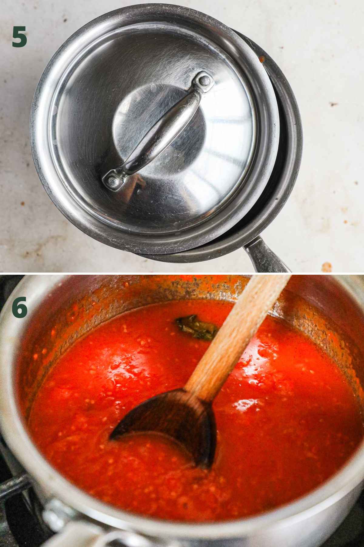 Steps to make authentic pomodoro sauce (sugo di pomodoro), simmer in the pot with the lid ajar, then stir and use for pasta, pizza, lasagna, eggplant parmigiana, and more.