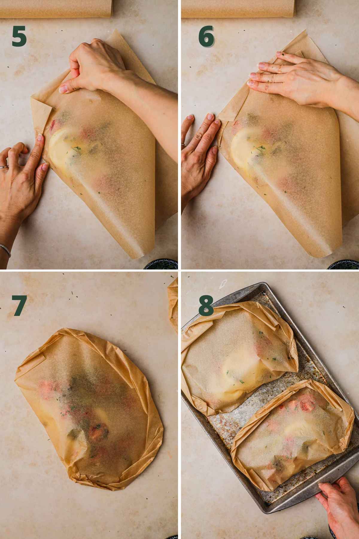 Steps to bake cod en papillote, fold parchment paper over fish, crimp paper around the fish to make a half moon, transfer to a baking sheet and bake at 350°F.