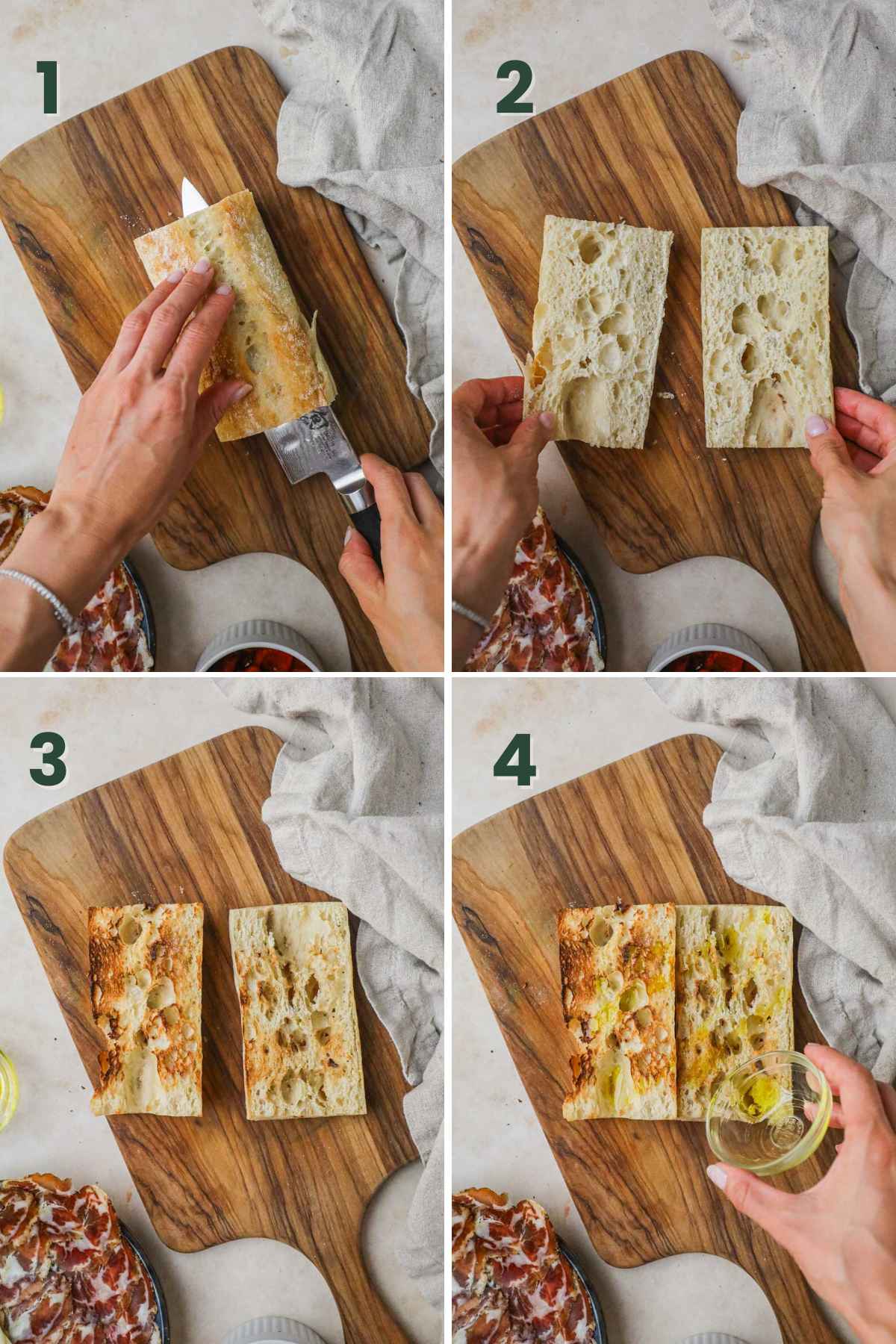 Steps to make capicola, provolone, and peppers panino, slice and toast bread, drizzle with olive oil.