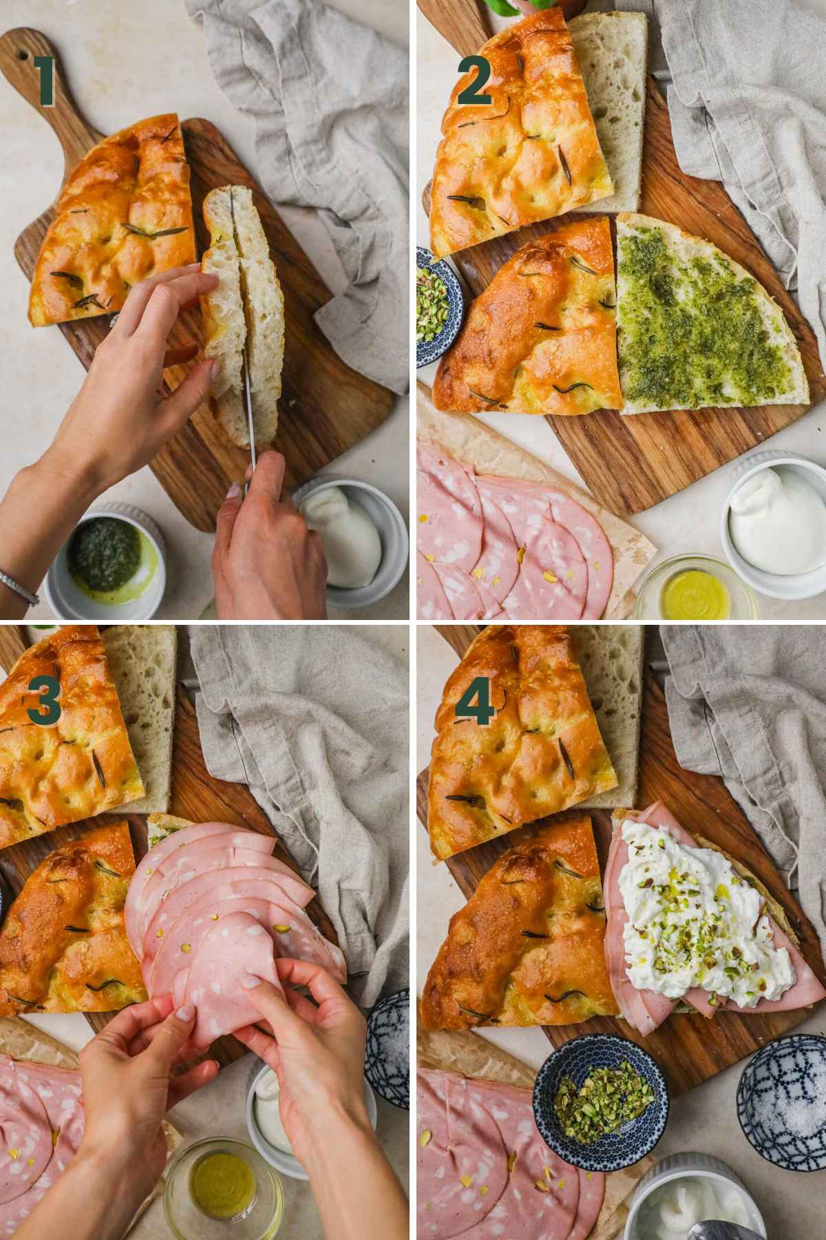 Steps to make mortadella panino, slice and toast focaccia, spread pesto, layer mortadella, burrata, olive oil, pistachio, sea salt, and focaccia.