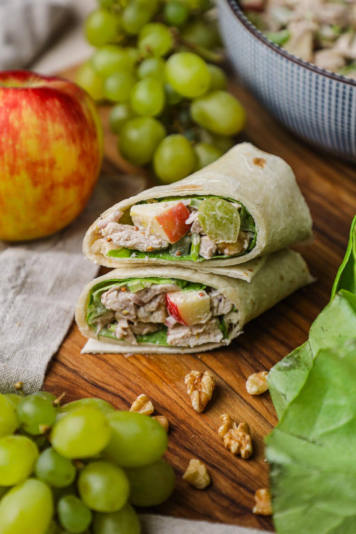 Chicken salad wrap with homemade chicken salad and lettuce for a healthy lunch.