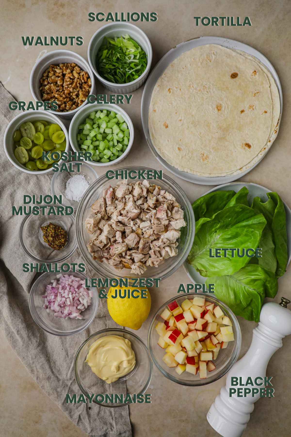 Ingredients for chicken salad wrap, chicken, walnuts, scallions, mayo, grapes, lemon zest juice, shallots, dijon mustard, celery, apple, salt, pepper, tortilla, lettuce.