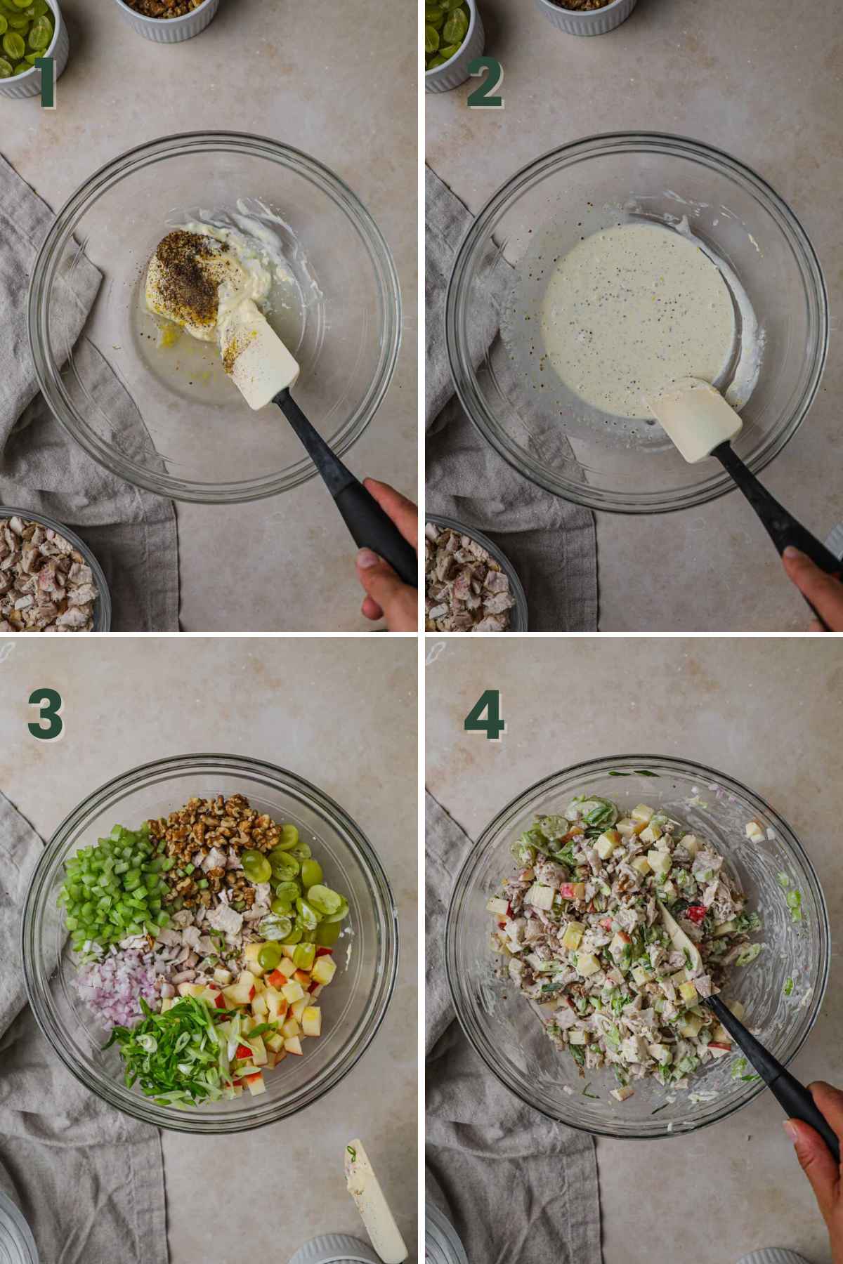 Steps to make chicken salad wrap, mix mayo, lemon juice and zest, dijon; toss in chicken, walnuts, grapes, apple, scallions, shallot, celery.