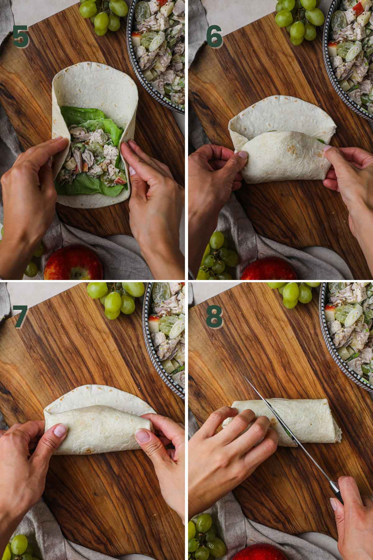 Steps to make chicken salad wrap, wrap lettuce and chicken salad in a tortilla until wrapped, cut in half and serve.