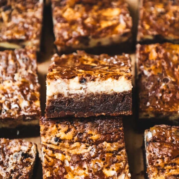 Chocolatey cream cheese swirl brownies with a layer of brown butter brownie and a layer of swirled creamy cheesecake.