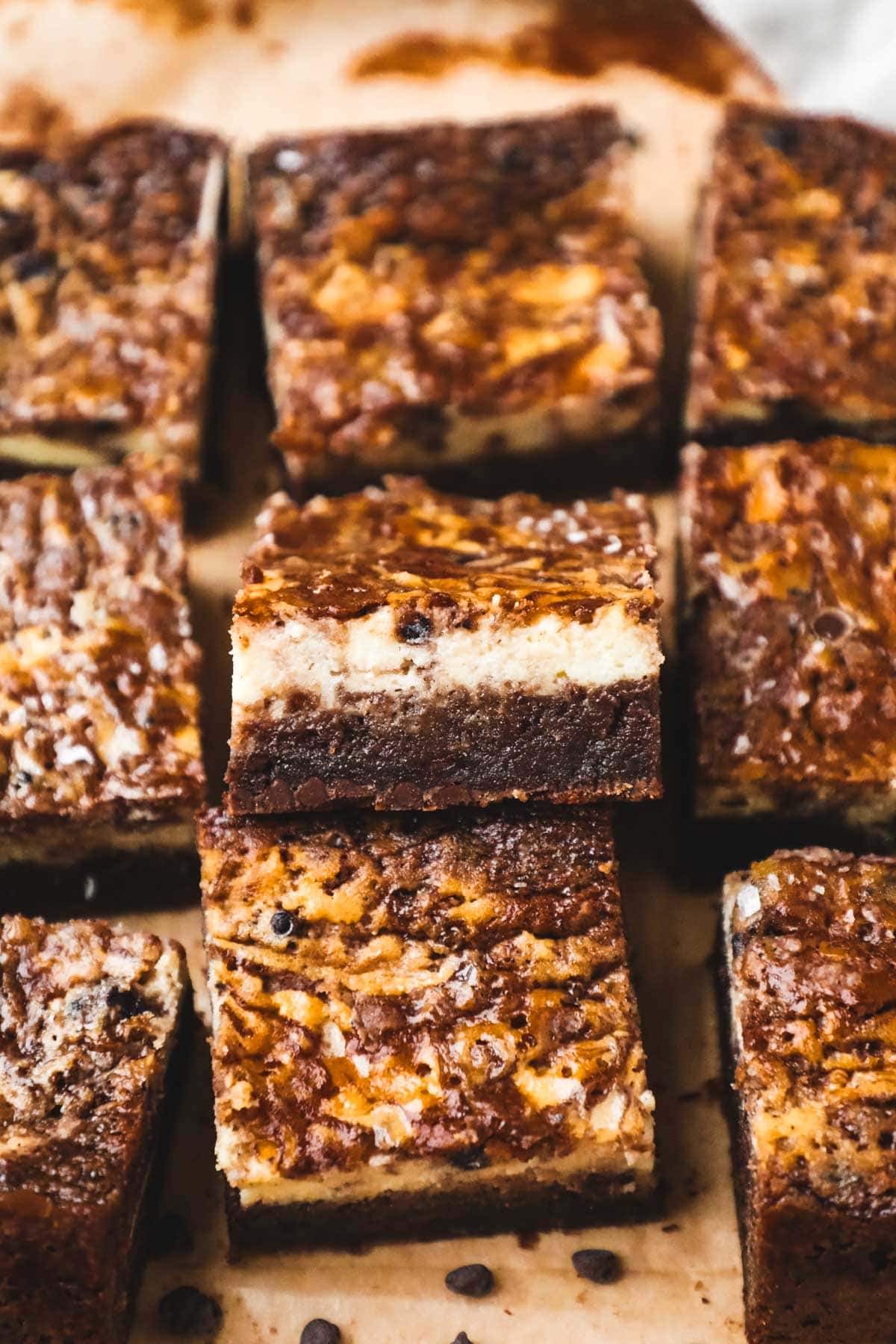 Chocolatey cream cheese swirl brownies with a layer of brown butter brownie and a layer of swirled creamy cheesecake.