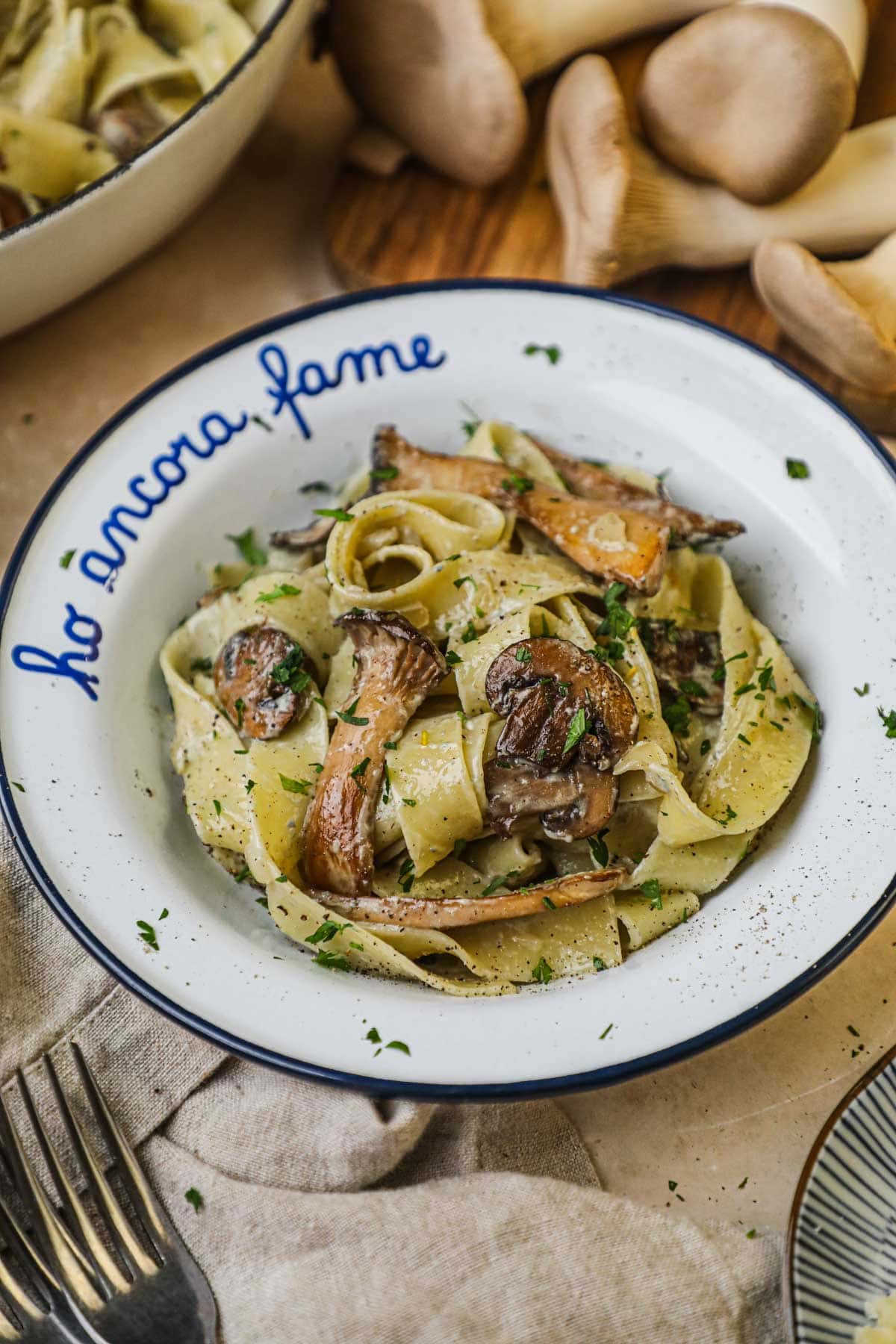 Creamy gorgonzola mushroom pappardelle in a bowl, topped with sautéed crimini and trumpet mushrooms, Italian parsley, and grated parmigiano-reggiano.