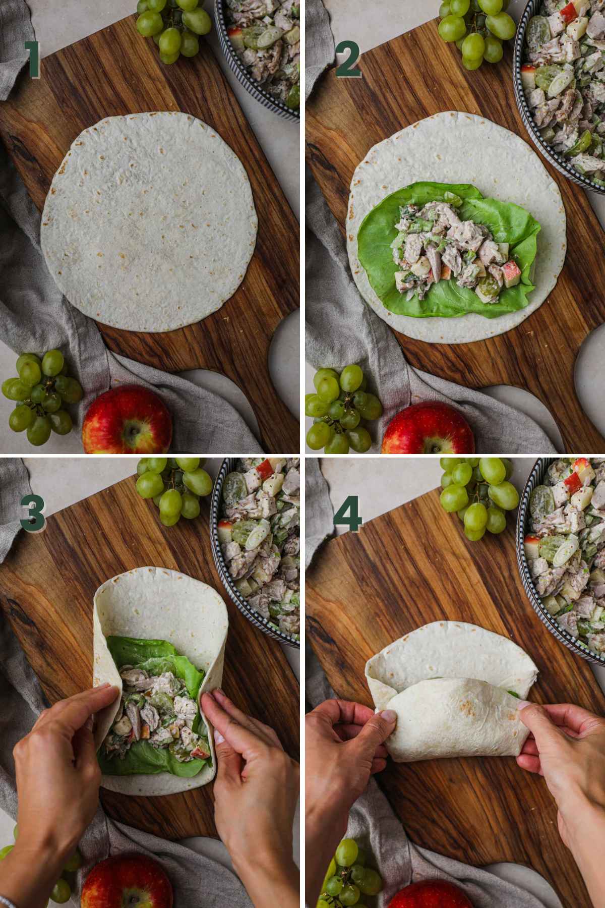 How to fold a burrito or a tortilla wrap, add filling in the center, fold in the tortilla sides, fold up the bottom of the tortilla toward the center.