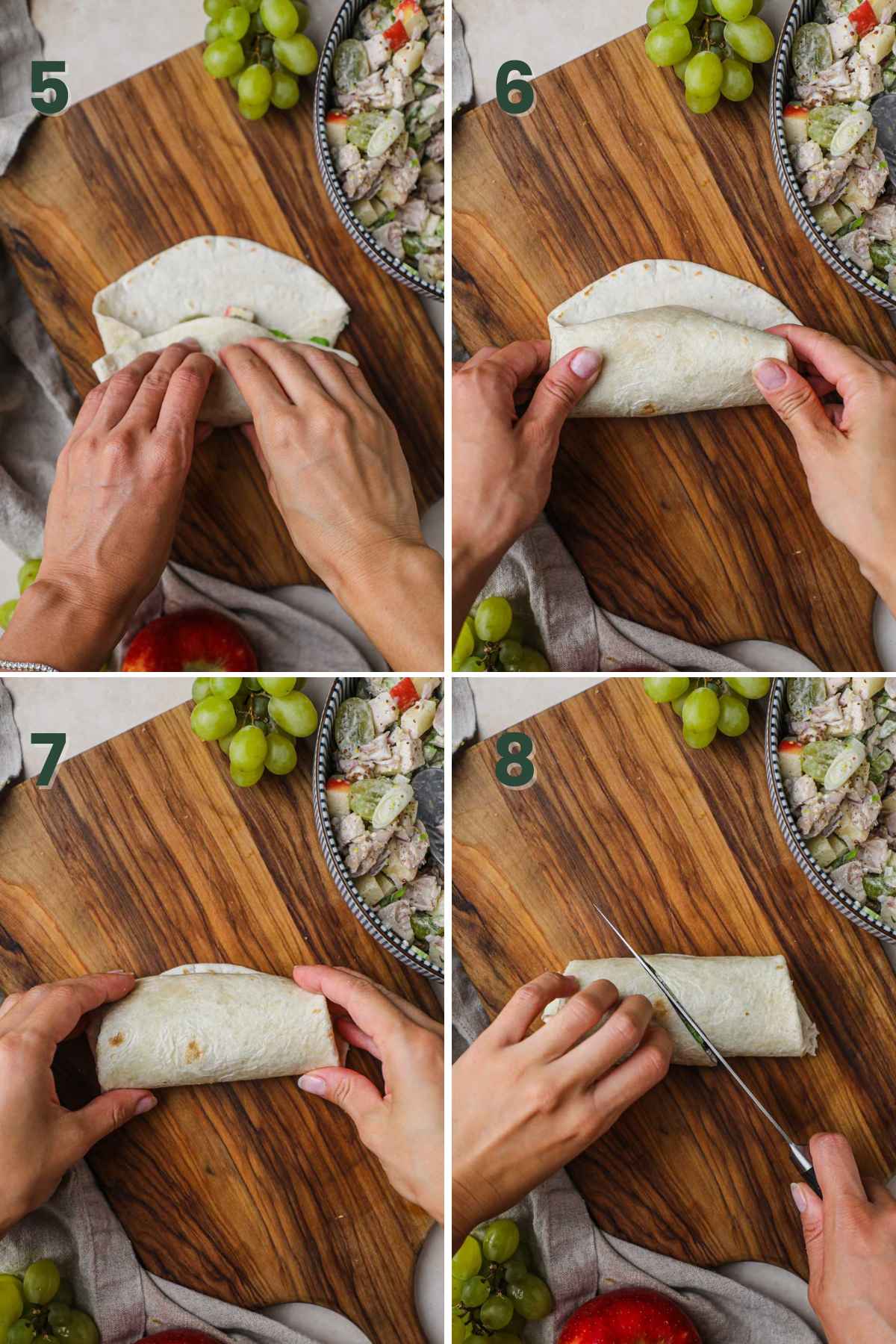 How to fold a burrito or a tortilla wrap, tuck the edge of tortilla over the filling and roll, tightening along the way, then cut in half and enjoy. 