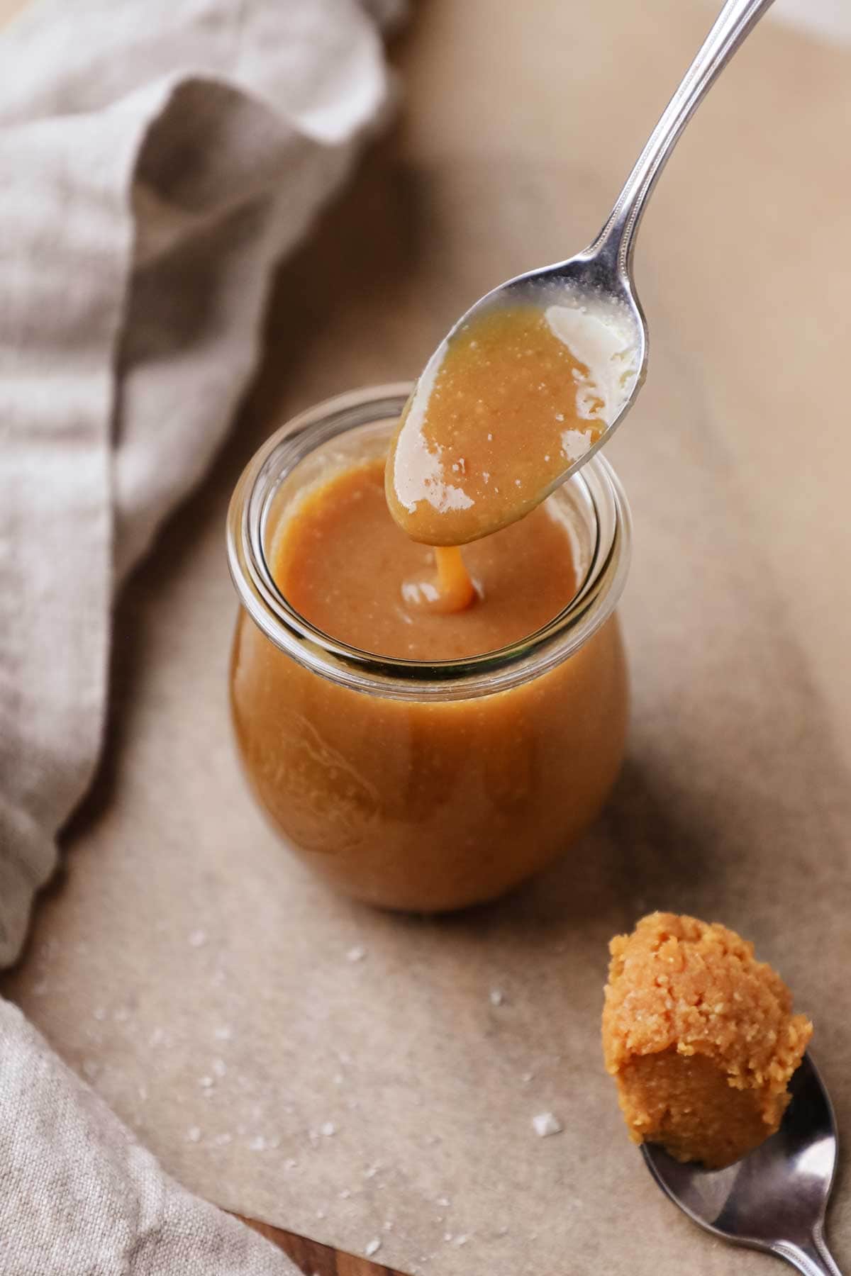 Miso maple caramel sauce for drizzling on ice cream, tarts, pancakes, cheesecake, and other desserts.