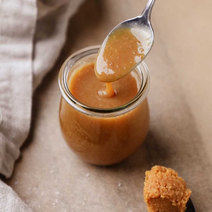 Miso maple caramel sauce for drizzling on ice cream, tarts, pancakes, cheesecake, and other desserts.