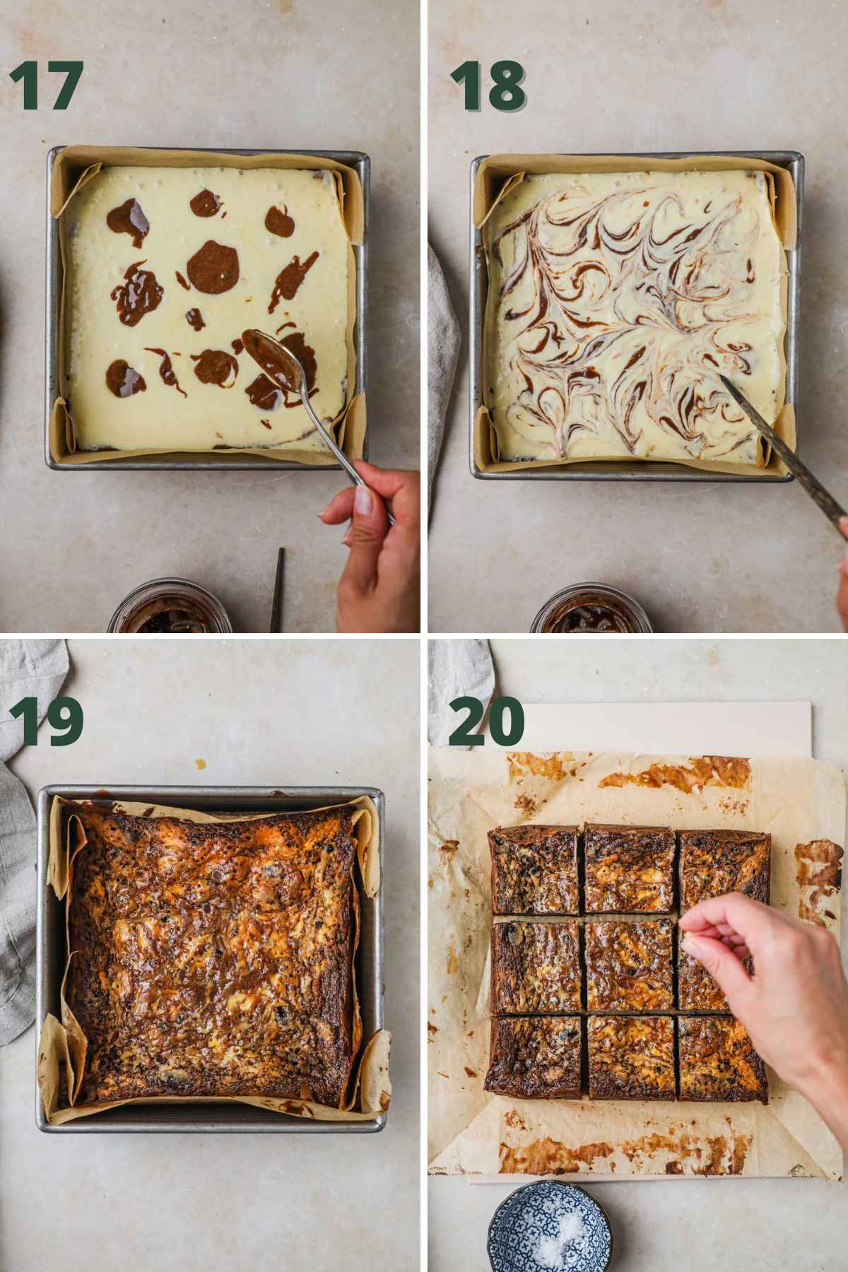 Steps to make cream cheese swirl brownies, add dollops of brownie batter and swirl, then bake, slice, and top with flaky sea salt.