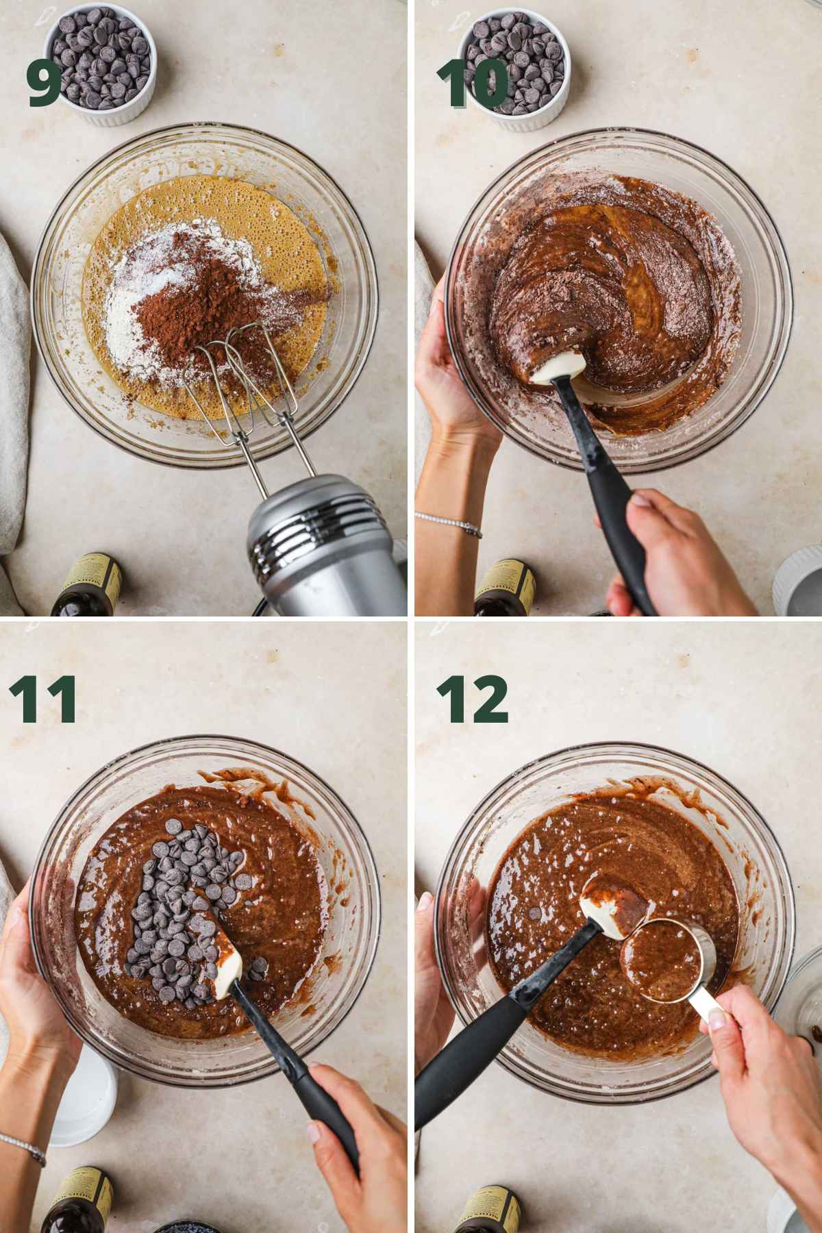 Steps to make cream cheese swirl brownies, fold in flour, cocoa powder, kosher salt, and chocolate chips, reserve a quarter cup of batter.