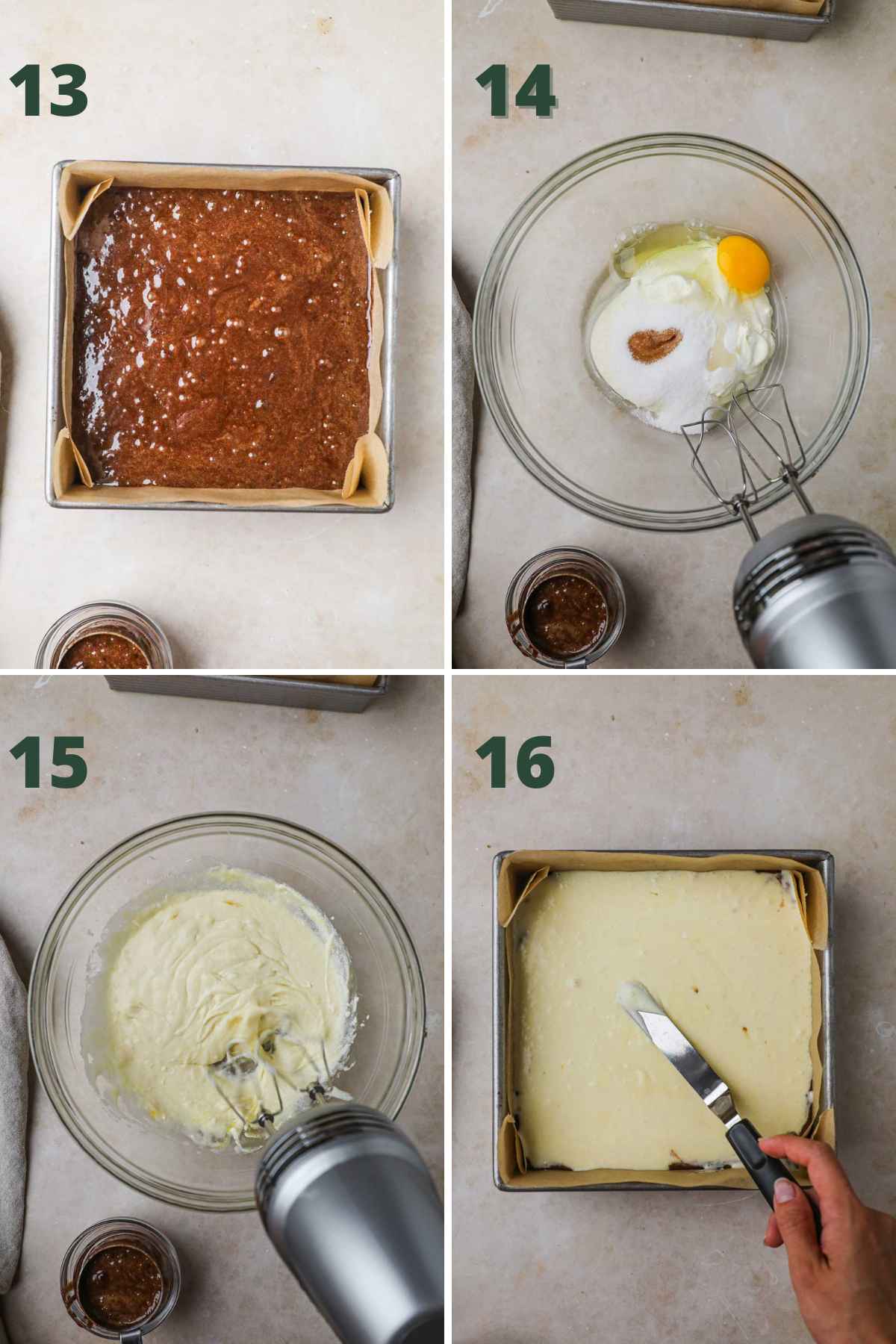 Steps to make cream cheese brown butter brownies, pour batter in brownie tin, then make cheesecake mixture with cream cheese, sugar, vanilla, and egg, pour onto brownie batter. 