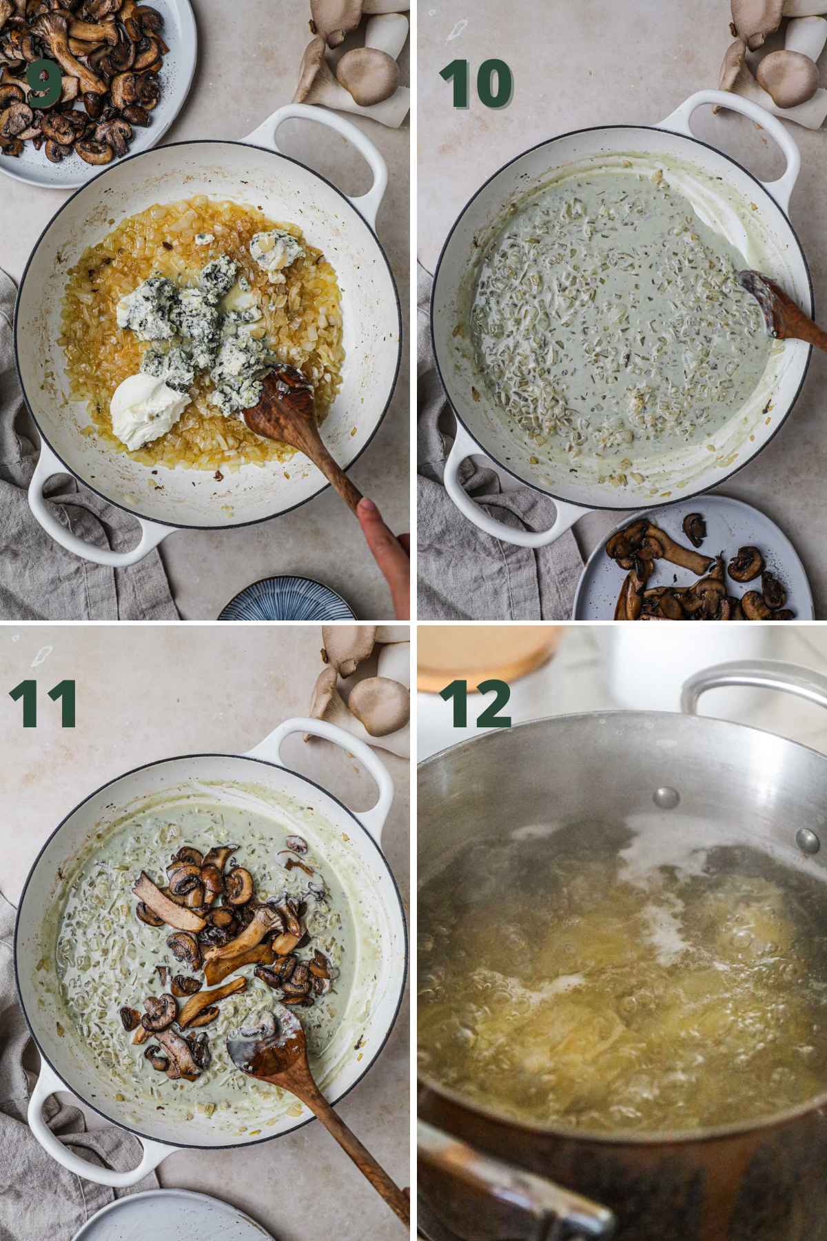 Steps to make gorgonzola mushroom pasta, add gorgonzola and mascarpone, cook until melted, and stir in mushrooms, then cook pappardelle.