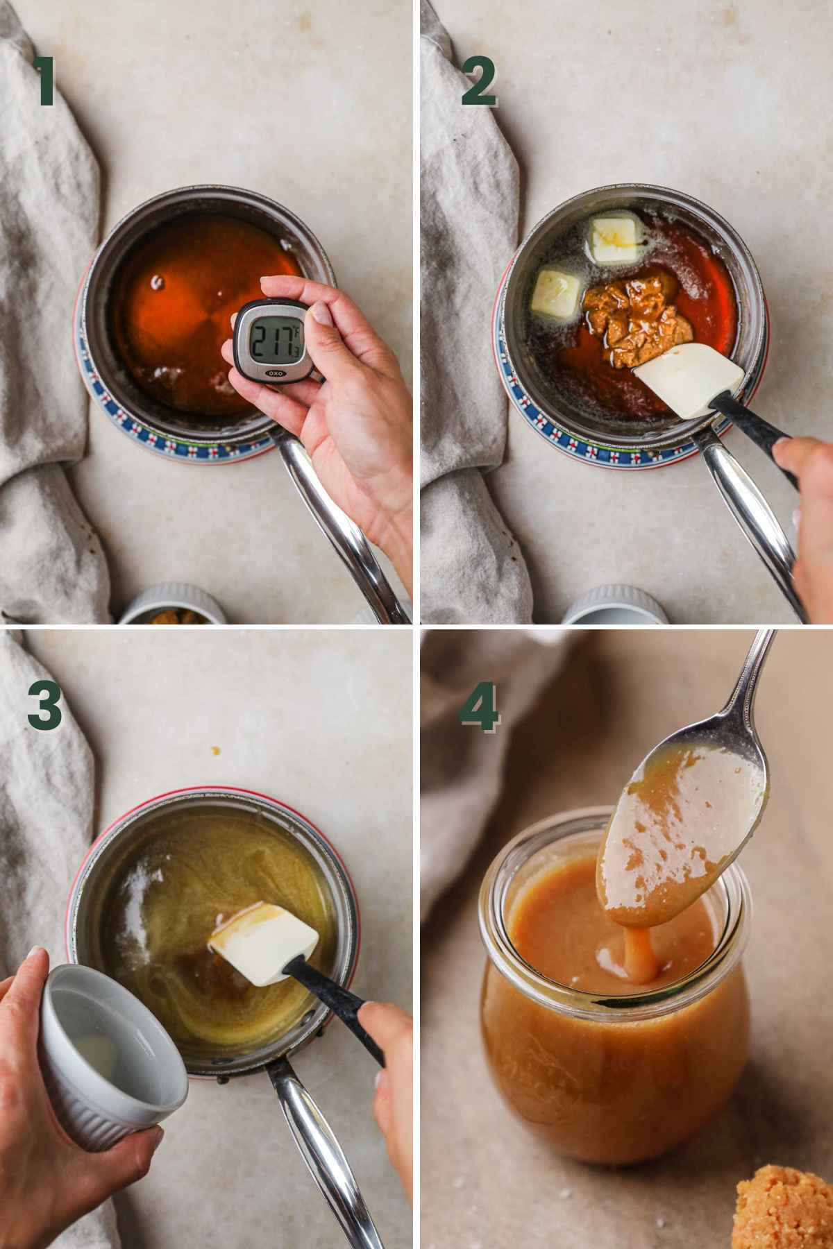 Steps to make miso maple caramel sauce, bring maple syrup to a boil, stir in butter, miso paste, heavy cream, then pour into an air-tight container.