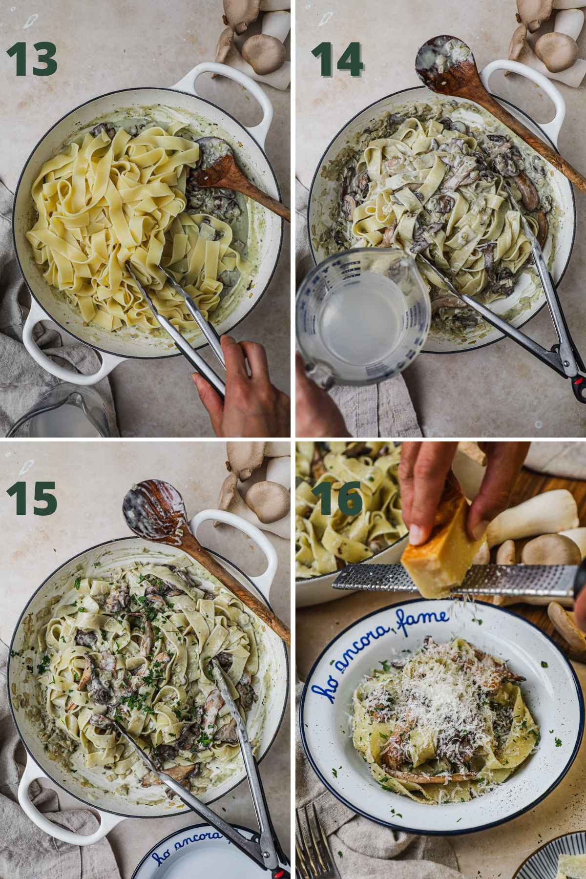 Steps to make pasta with mushrooms and gorgonzola, toss drained pappardelle in sauce and a little pasta water, then serve in bowls with grated parmigiano-reggiano.