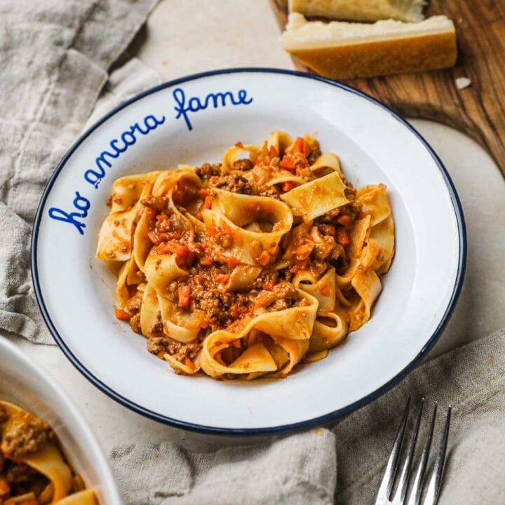 Authentic pappardelle bolognese with parmigiano-reggiano, a classic Italian comfort pasta dish.