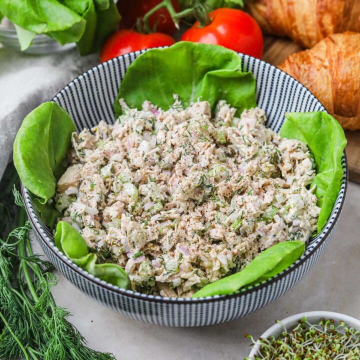 Easy tuna salad with capers, shallot, dill, celery, flaky canned tuna, kewpie mayo, and lemon juice and zest.